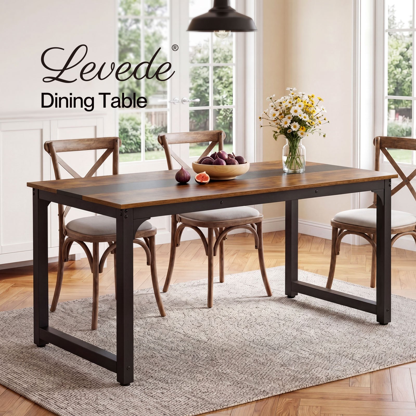 TEMU Dining Table, 160 X 80cm Dining Table, 4-6 Seater, Walnut Wood Grain Top, Black Metal Frame, Industrial Style, Adjustable Feet, Mdf And Iron,