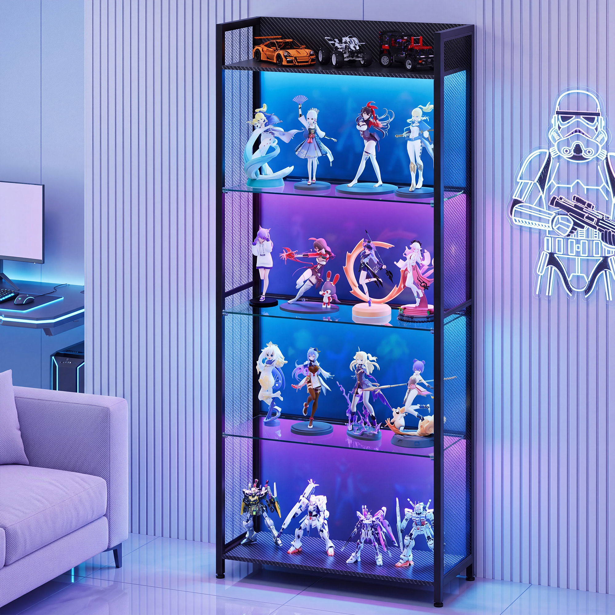 TEMU Advwin 5-tier Display Cabinet With Led Lights Open Storage Display Shelf With Glass Shelves & Carbon Fiber Shelves Display Rack With Metal Frame
