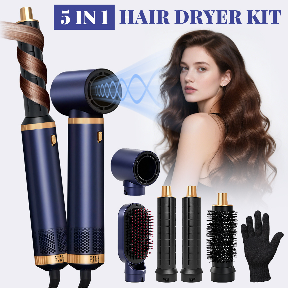 TEMU 5 In 1 Hot Air Styler Kit, 110000 Rpm High Dryer 1200w, Auto Curling Wand, Straightening Brush, Round Volumizer Brush & Diffuser Attachments,
