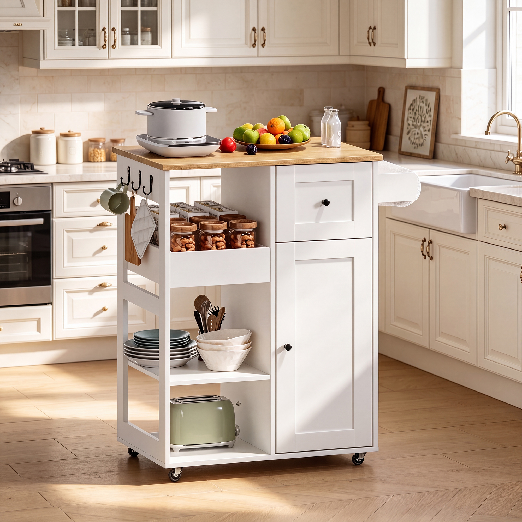 TEMU Advwin Kitchen Island Serving Utility Cart On Wheels With Cabinet Oak Tabletop Cart With Drawer, Adjustable Shelf, Cabinet, Hooks, Towel Bar,