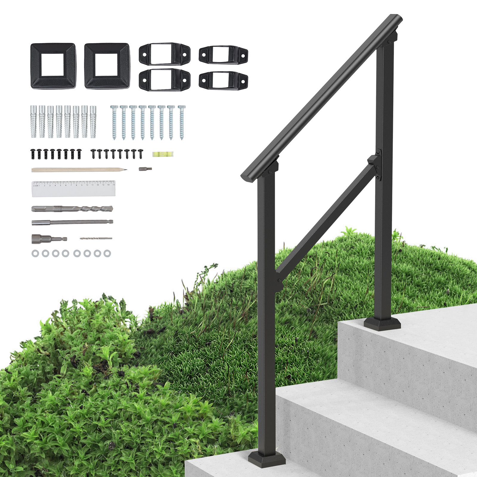 TEMU Vevor Handrails For Outdoor Steps, 2-3 Step Stair Hand Rail Kit, Carbon Steel Railings With Installation Kit, Stair Rails For Seniors, Concrete