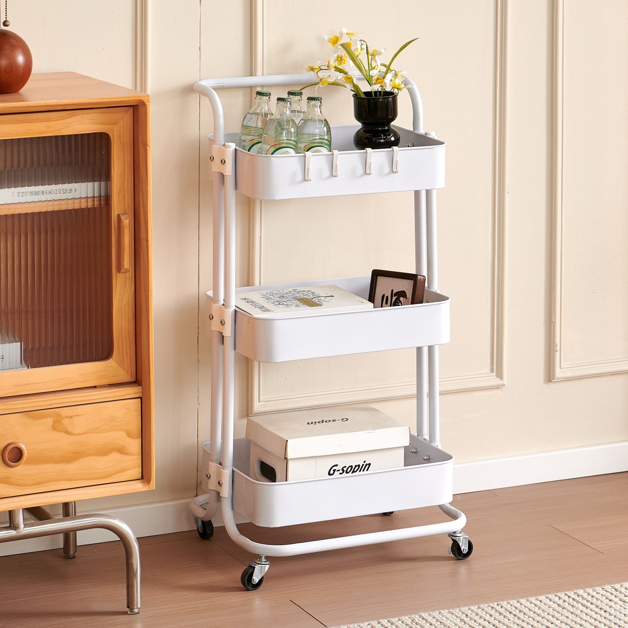 TEMU 3 Tier Kitchen Trolley Cart, Metal Utility Cart With Wheels And Handle, Rolling Storage Cart With Hanging Hooks For Kitchen, Living Room