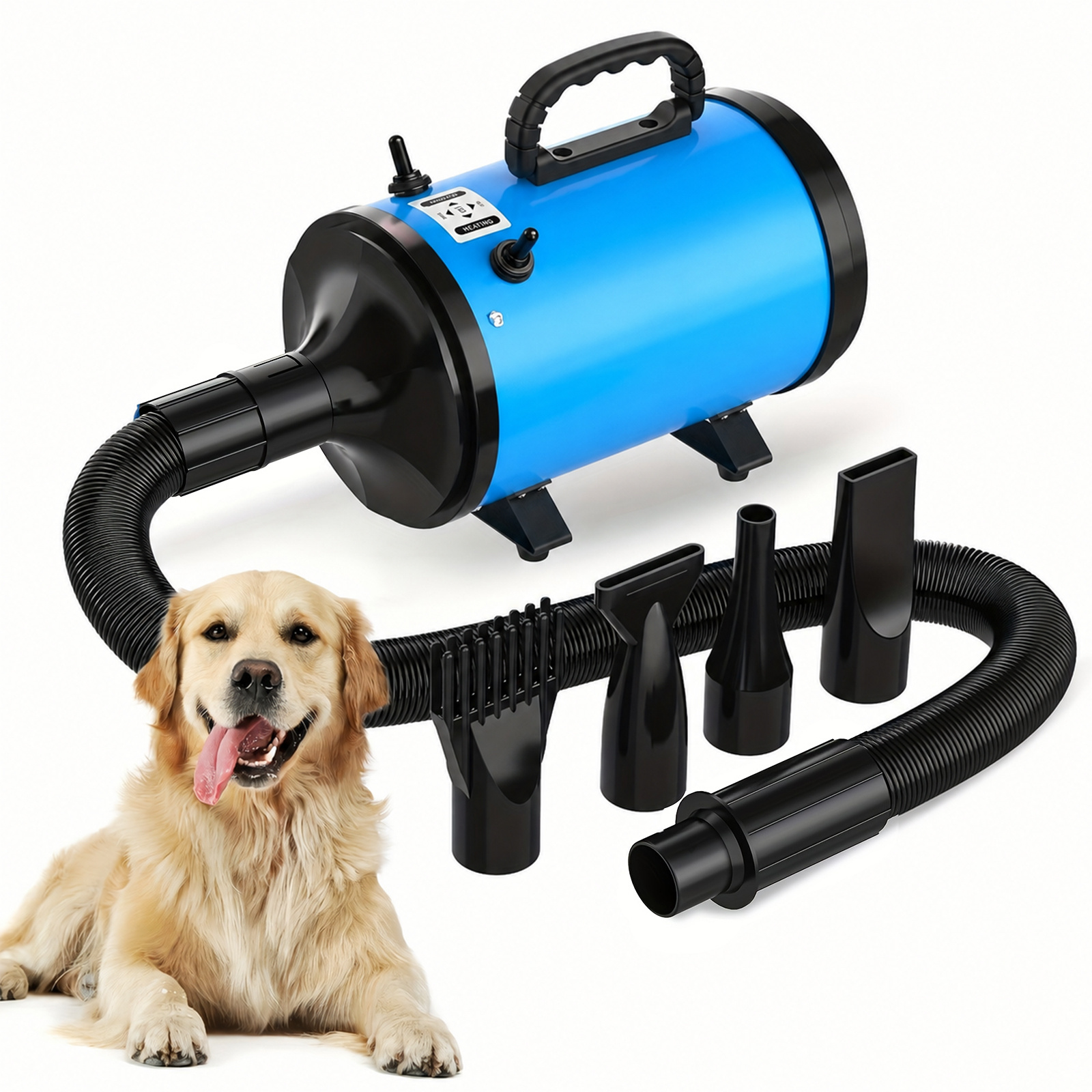 TEMU Dog Dryer, Pet Grooming Dryer With Adjustable Speed Pet Dryer, Hair Blower Heater With 4 Nozzles - Black/yellow