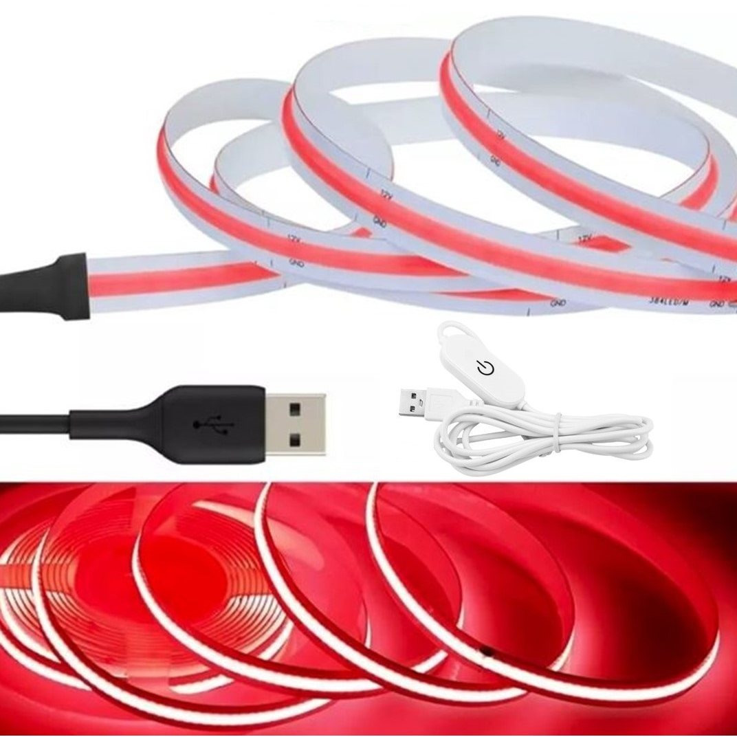 TEMU 5m 5v Usb Red Cob Strip Light With Touch Sensor Dimmer On Off Controller High Brightness, High Density, Flexible, Cuttable, , No Tools Required,