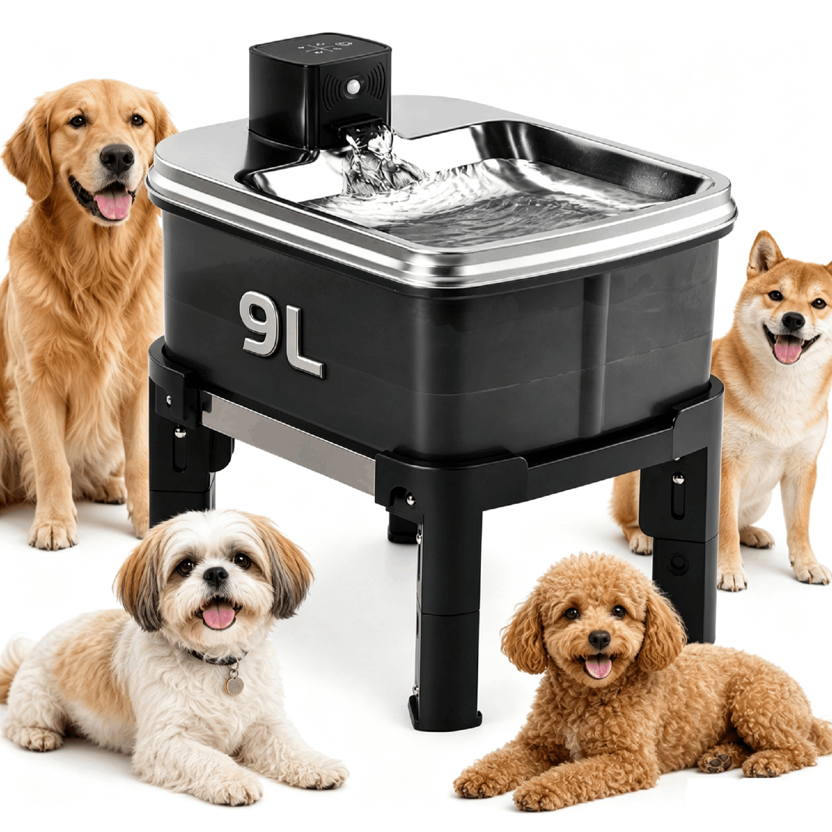 TEMU 9l Elevated Stainless Steel Pet Water Fountain, 3 Adjustable (24//35.5cm) Automatic Dog Water Dispenser With Motion Sensor, & , For Large Dogs &