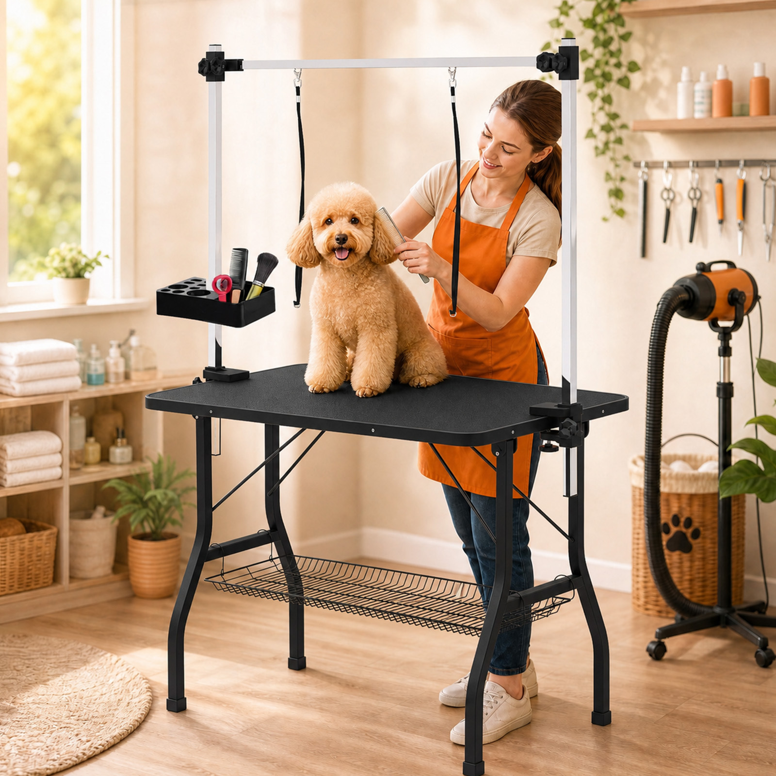TEMU Pet Dog Grooming Table, Double Pole Folding Grooming Table With Adjustable Arm, Anti-slip Surface & Storage Basket