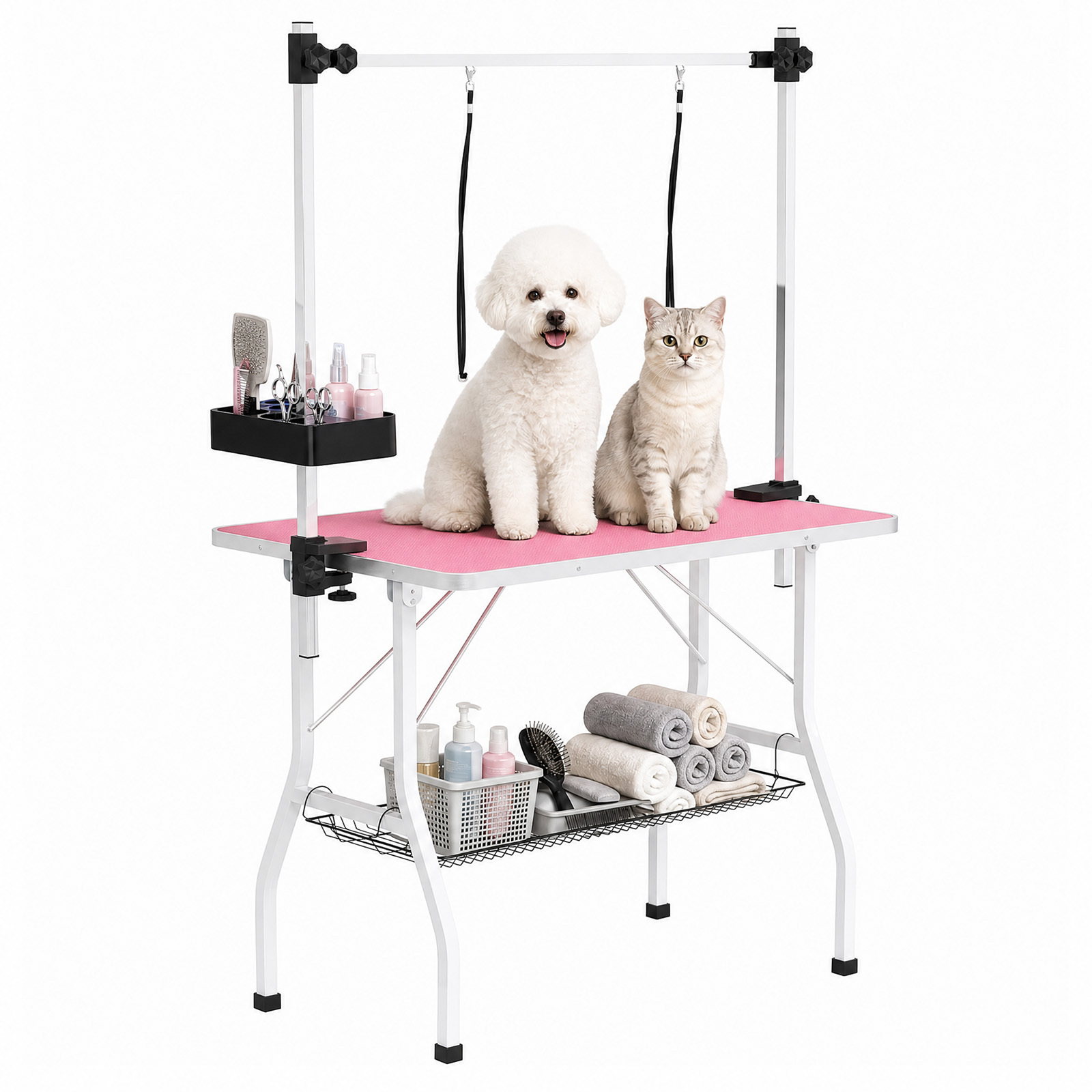 TEMU Pet Dog Grooming Table, Folding Grooming Table With Adjustable Arm, Anti-slip Surface & Storage Basket