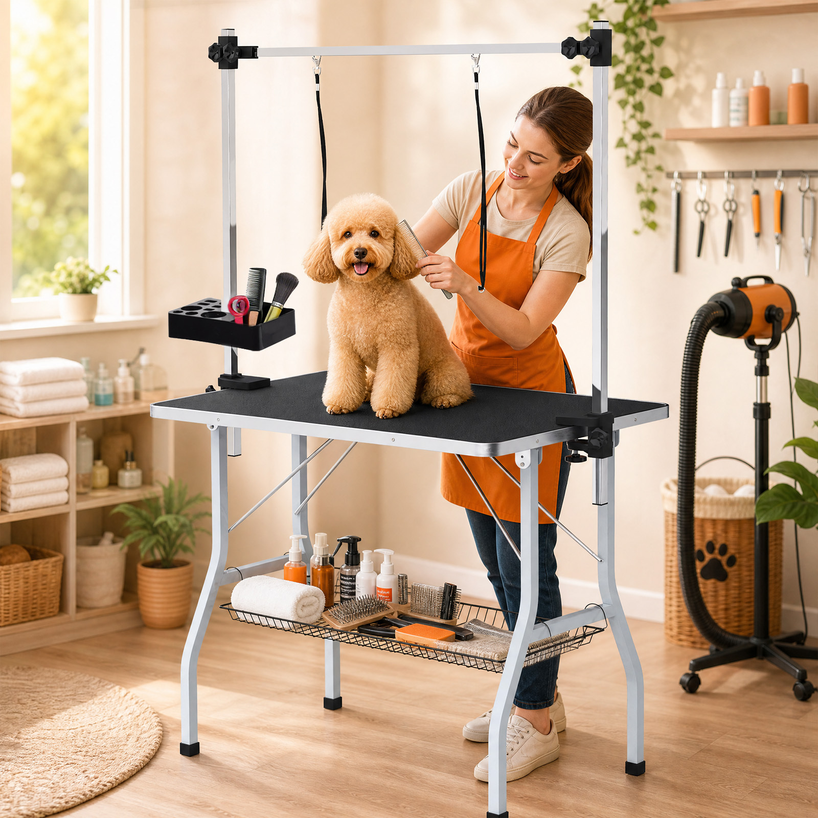 TEMU Pet Dog Grooming Table, Folding Adjustable Arm Grooming Table Double Pole Anti-slip Table With Storage Basket