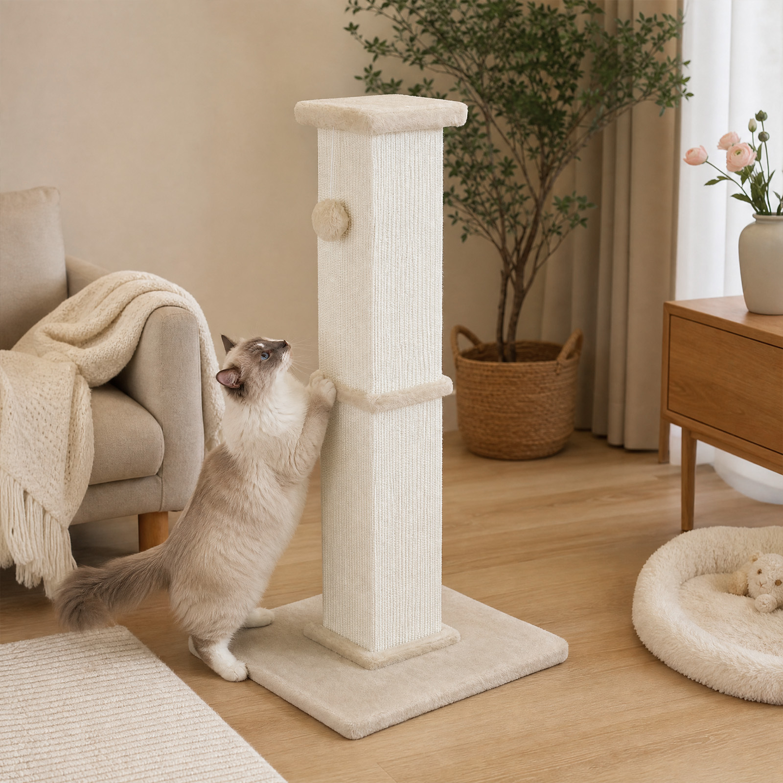TEMU 92cm Cat Scratching Post, Indoor Wood Cat Tree Tower With Scratcher, Kitten Play Rest Station For Indoor Cats, Dark Grey & Beige