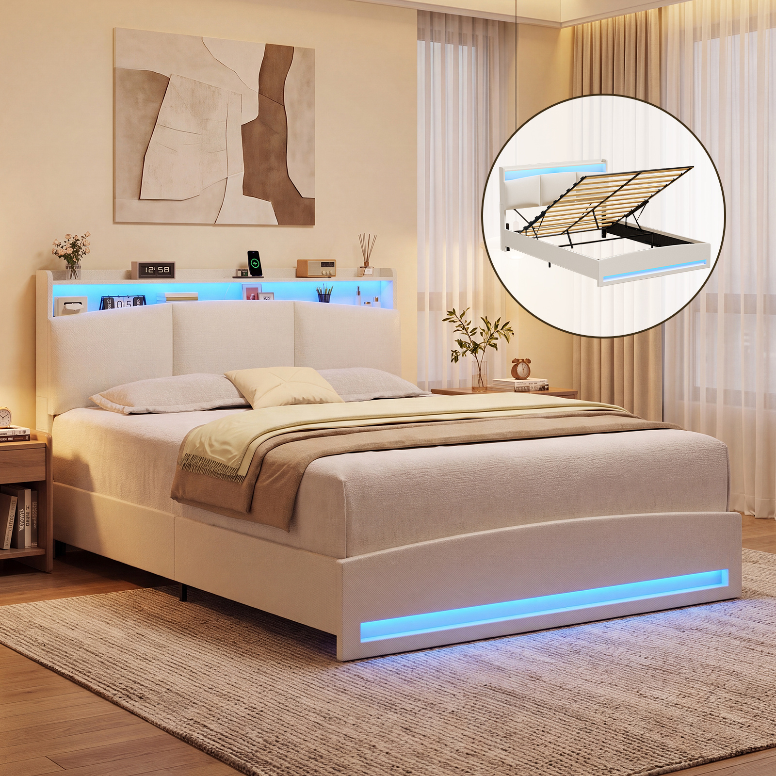 TEMU Advwin Hydraulic Lift Storage Bed Frame Double/queen Size For Bedroom Upholstered Platform Bed With Led Lighting, Charging Station, Headboard
