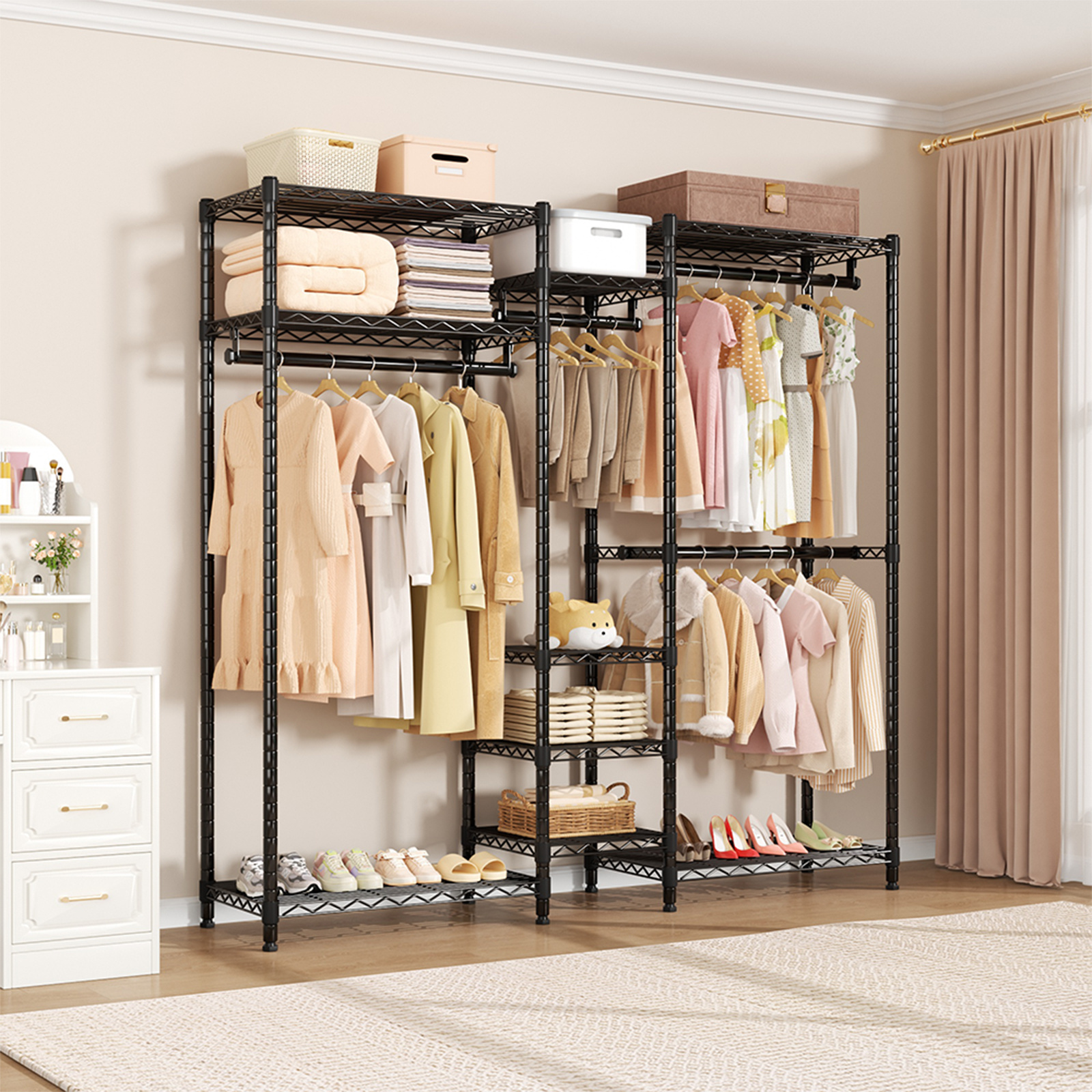 TEMU Advwin Clothes Rack With 4 Hang Rods And 9 Shelves, Freestanding Clothing Racks For Hanging Clothes, Portable Garment Rack, Adjustable L-shaped