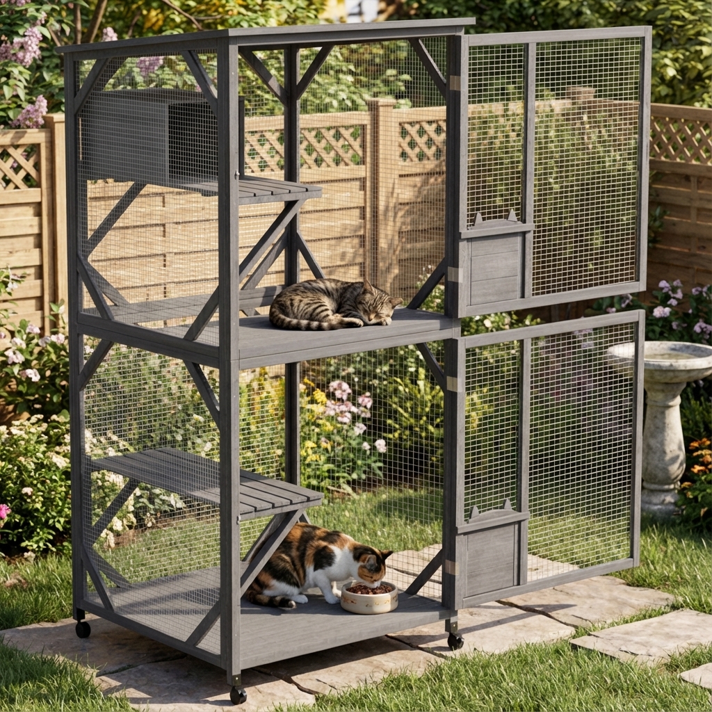 TEMU Advwin 72" Cat House On Wheels, Large Outdoor Cat Enclosures 2 Doors Wooden Cat Cage Resting Box, 4 Platforms, Grey