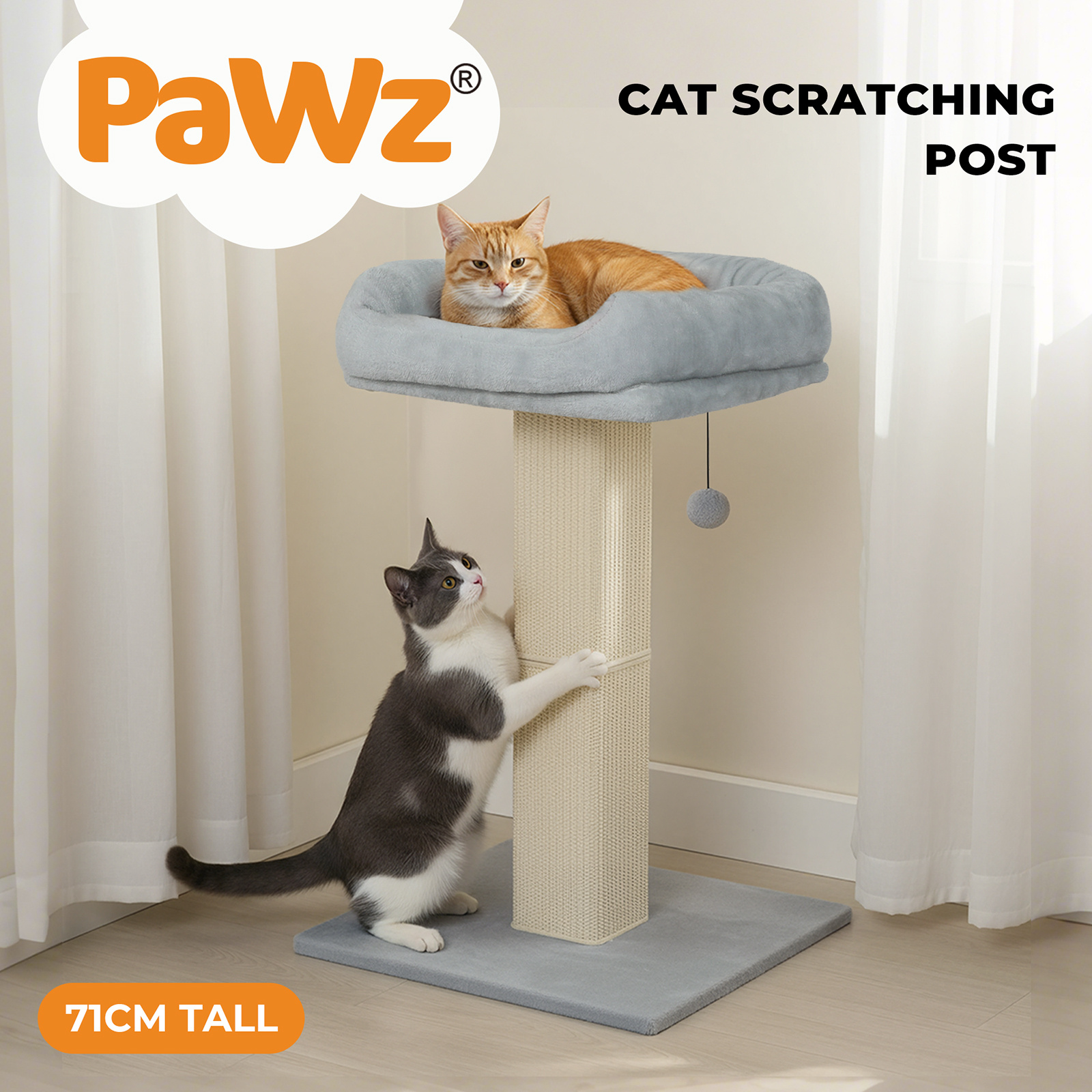 TEMU 71 cm Indoor Cat Scratcher Post With Plush Perch, Sisal Scratch Pole, , Removable Washable Cover, Grey With Pompom Toy
