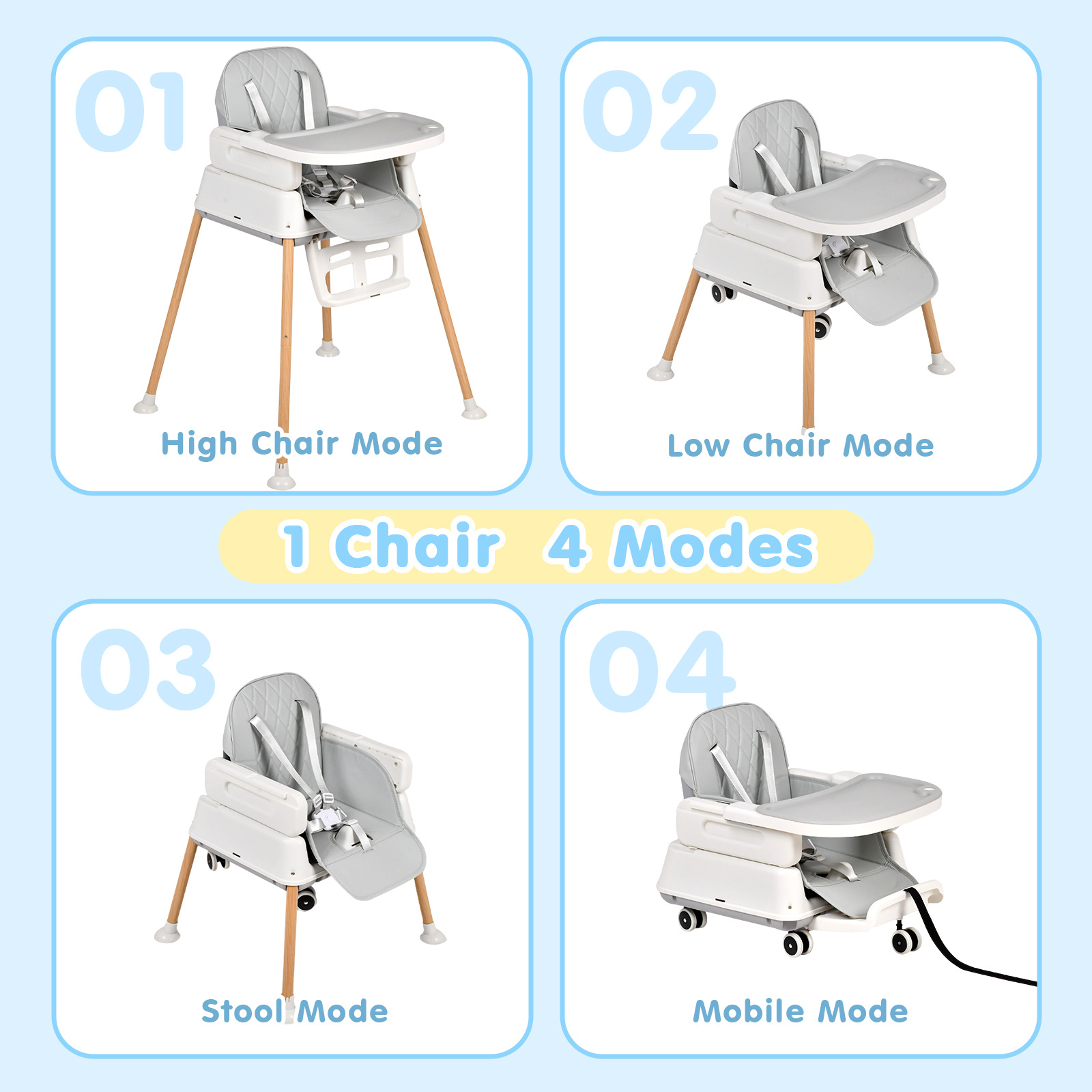 ADVWIN 4-in-1 Portable Baby High Chair, Foldable Infant Dining Seat
