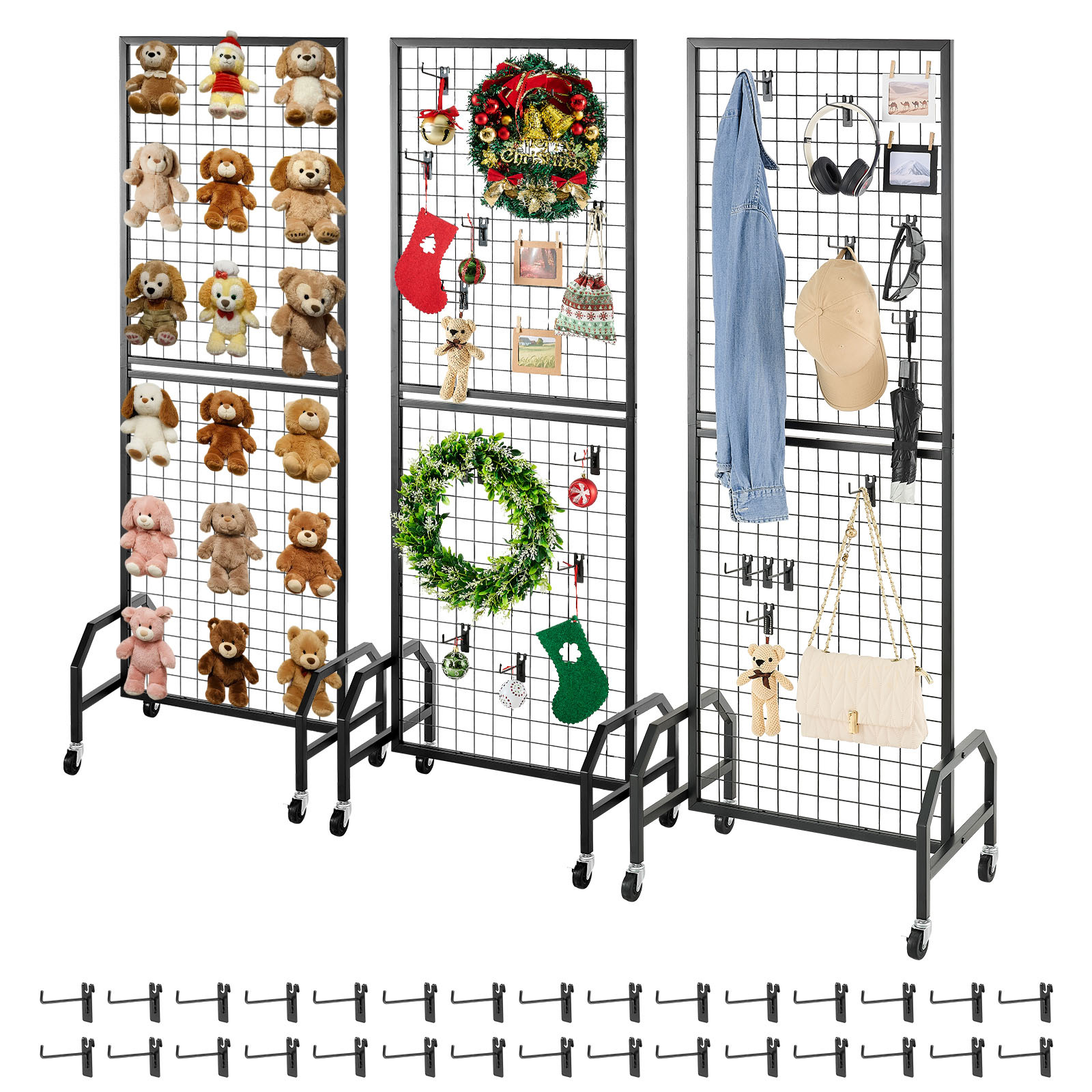  3 packs grid wall panels 600 x 1640mm wire grid panels display rack movable art display shelf with wheels and 30 hooks   steel   for   decor storage notice board