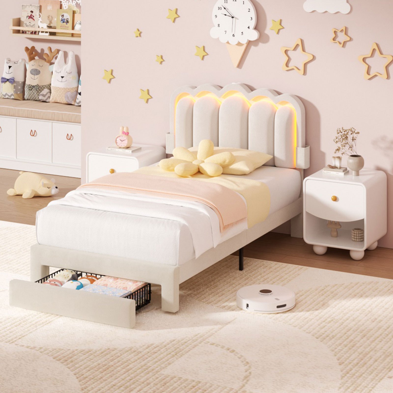 TEMU Advwin Bed Frame King Single/double/queen Size With Led Lights, Adjustable Wave Headboard & Charging Station, Velvet Upholstered Platform Bed
