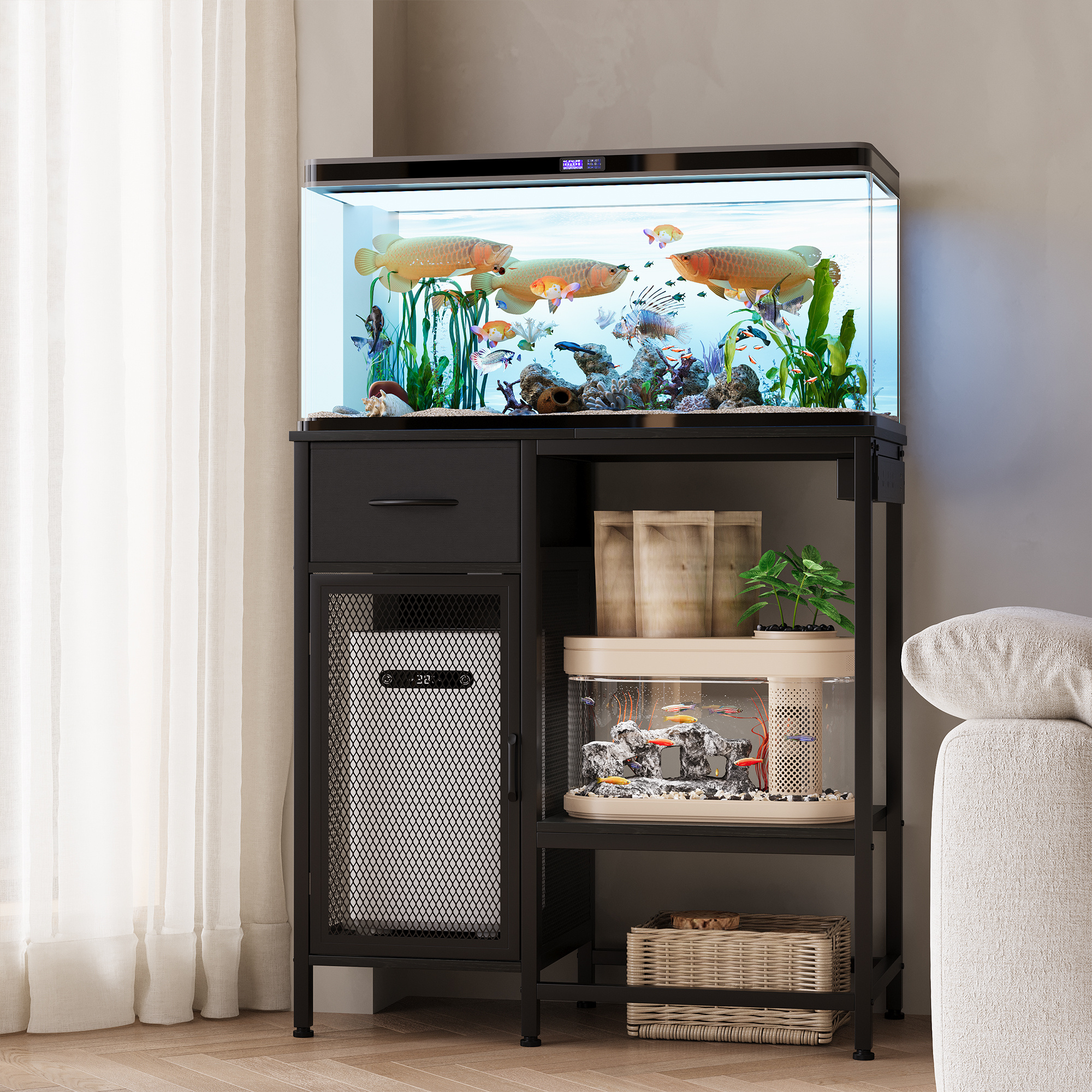 TEMU Advwin 20-30 Gallon Fish Tank Stand With Power Outlet & Drawer, 3-tier Aquarium Stand With Filter Storage Cabinet And Shelf, Metal Frame Reptile