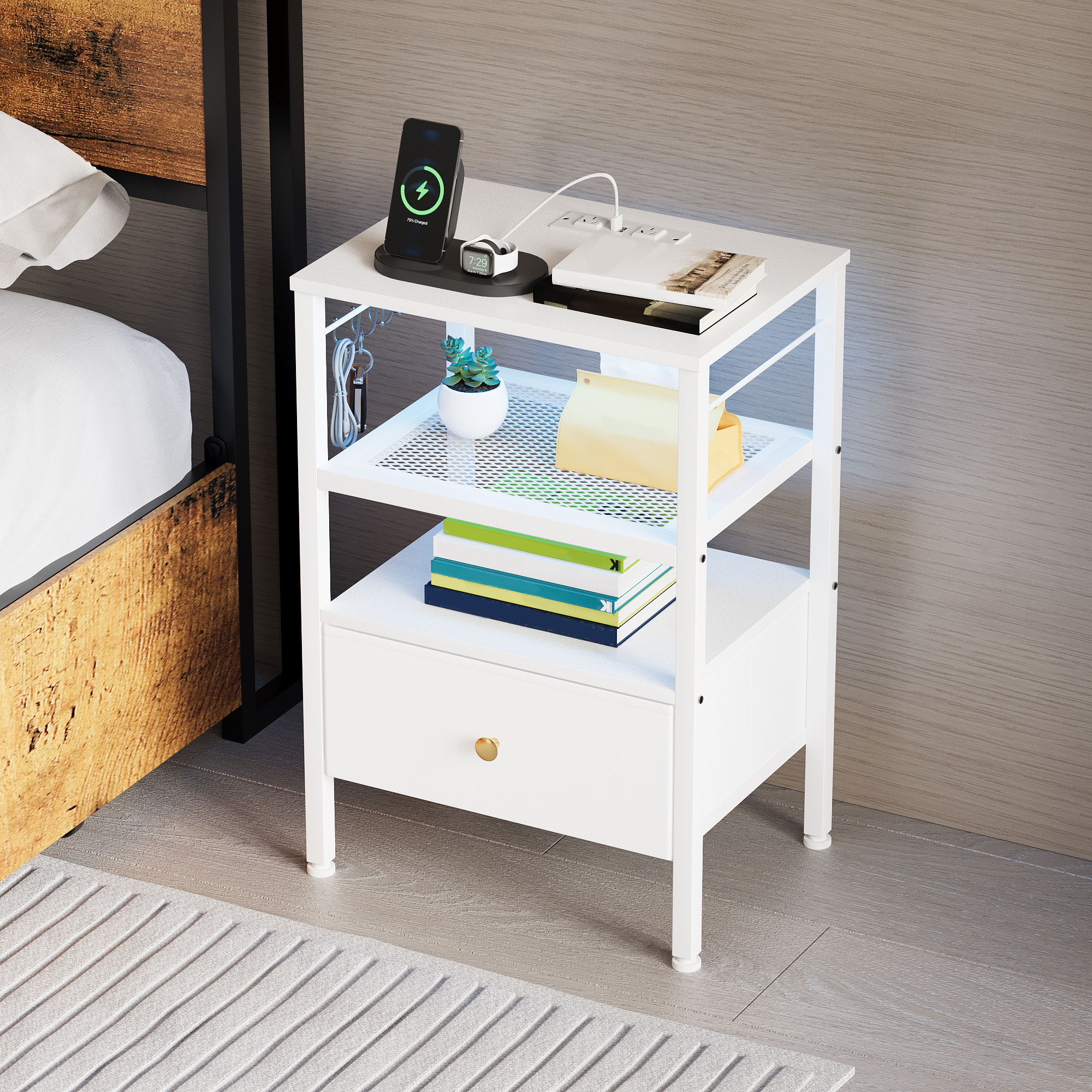 TEMU Advwin Side Table With Fabric Drawer, Bedside Table With Charging Station, Nightstand With Led Lights, 3-tier Storage End Table, 3-level Storage