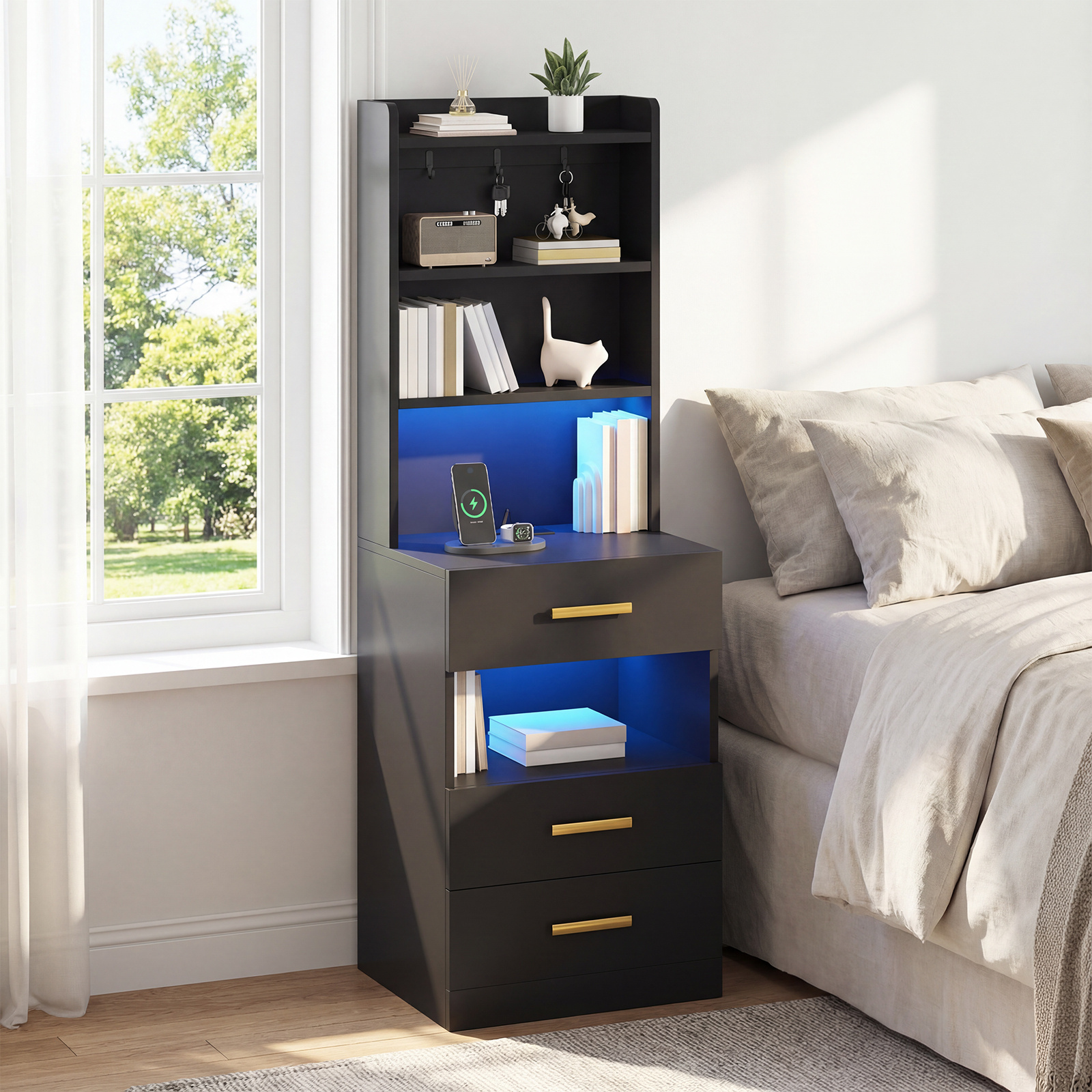 TEMU Advwin Tall Bedside Table With Charging Station And Led Lights, Large Stand With 3 Storage Bookshelves And 3 Drawers Modern Bedside Cabinet For