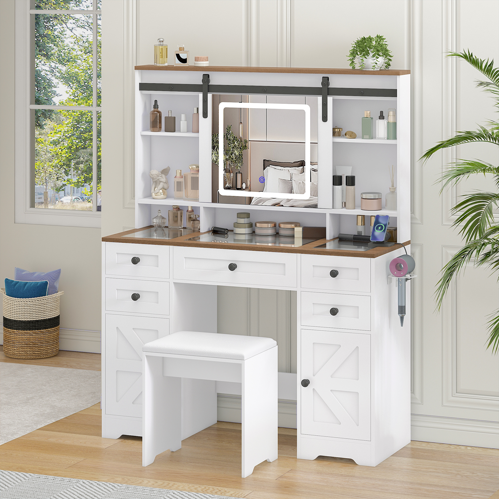 TEMU Advwin Dressing Table Set With Power Outlets & Sliding Led Mirror, Farmhouse Makeup Vanity With Glass Tabletop & Barn Door, Large Vanity Desk