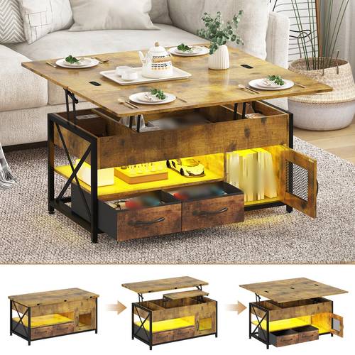 4 in 1 led lift top coffee table with hidden compartment display shelf rising center table with drawer cabinet walnut