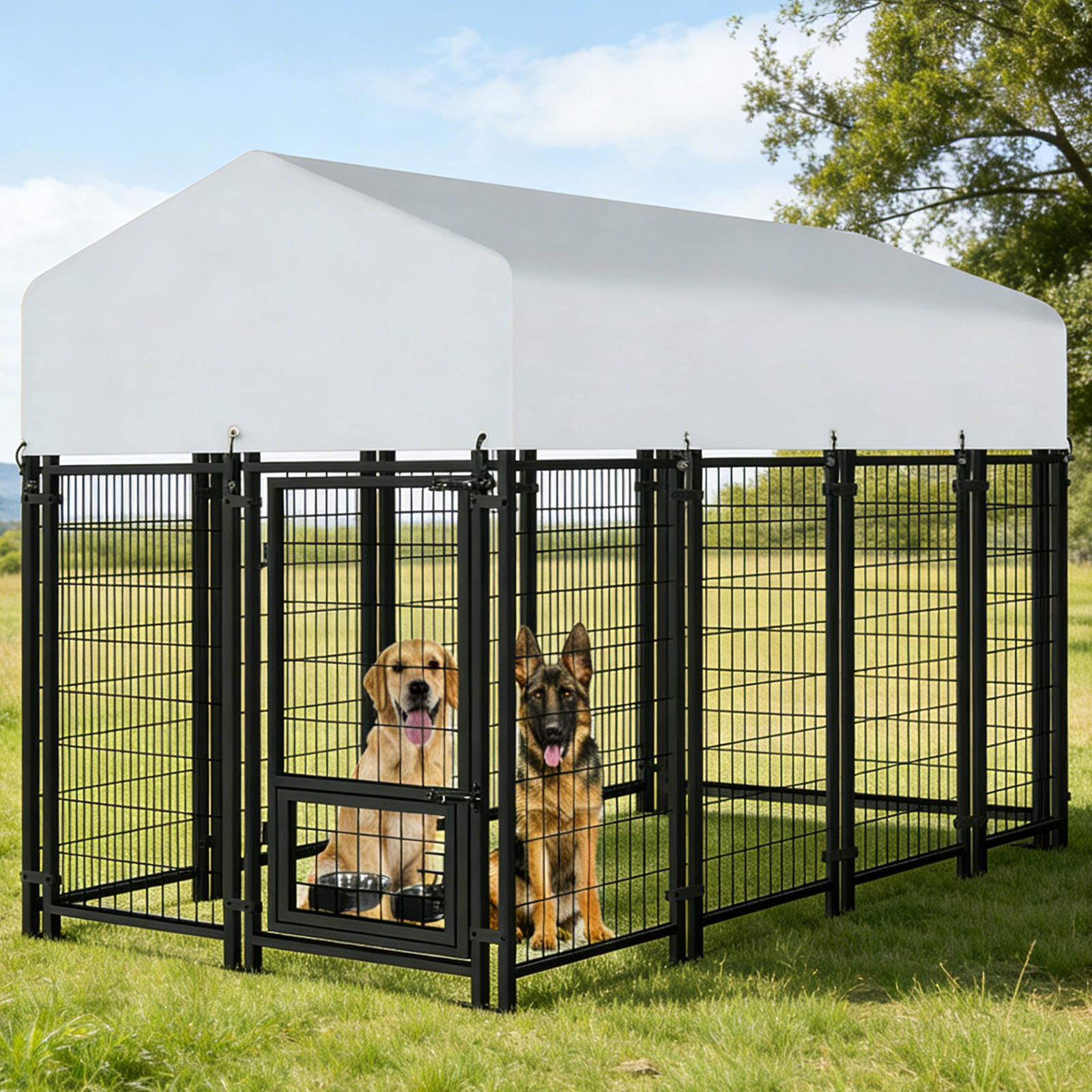 TEMU Dog Kennel For Large Dogs 1.43x2.4x1.75m, Heavy Duty Cage Outdoor With Waterproof Roof, Rotating Feeding Bowl And Lock, For All Dog Breeds