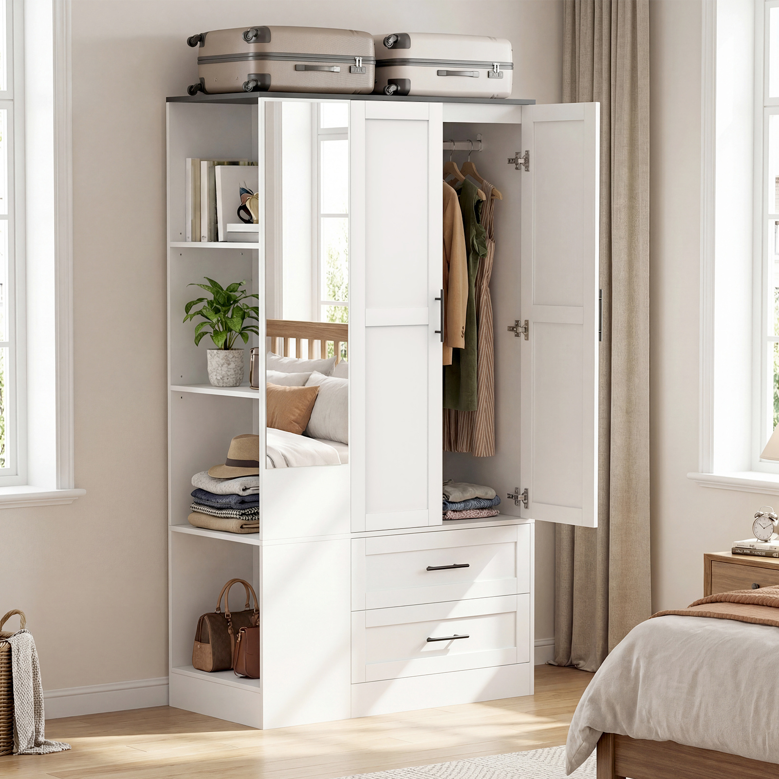 TEMU Advwin 2 Doors Wardrobe Closet With Mirror, Clothing Storage Cabinet With 4 Open Shelves & Hanging Rod, 3 Hooks, 2 Drawers Wooden Armoires For