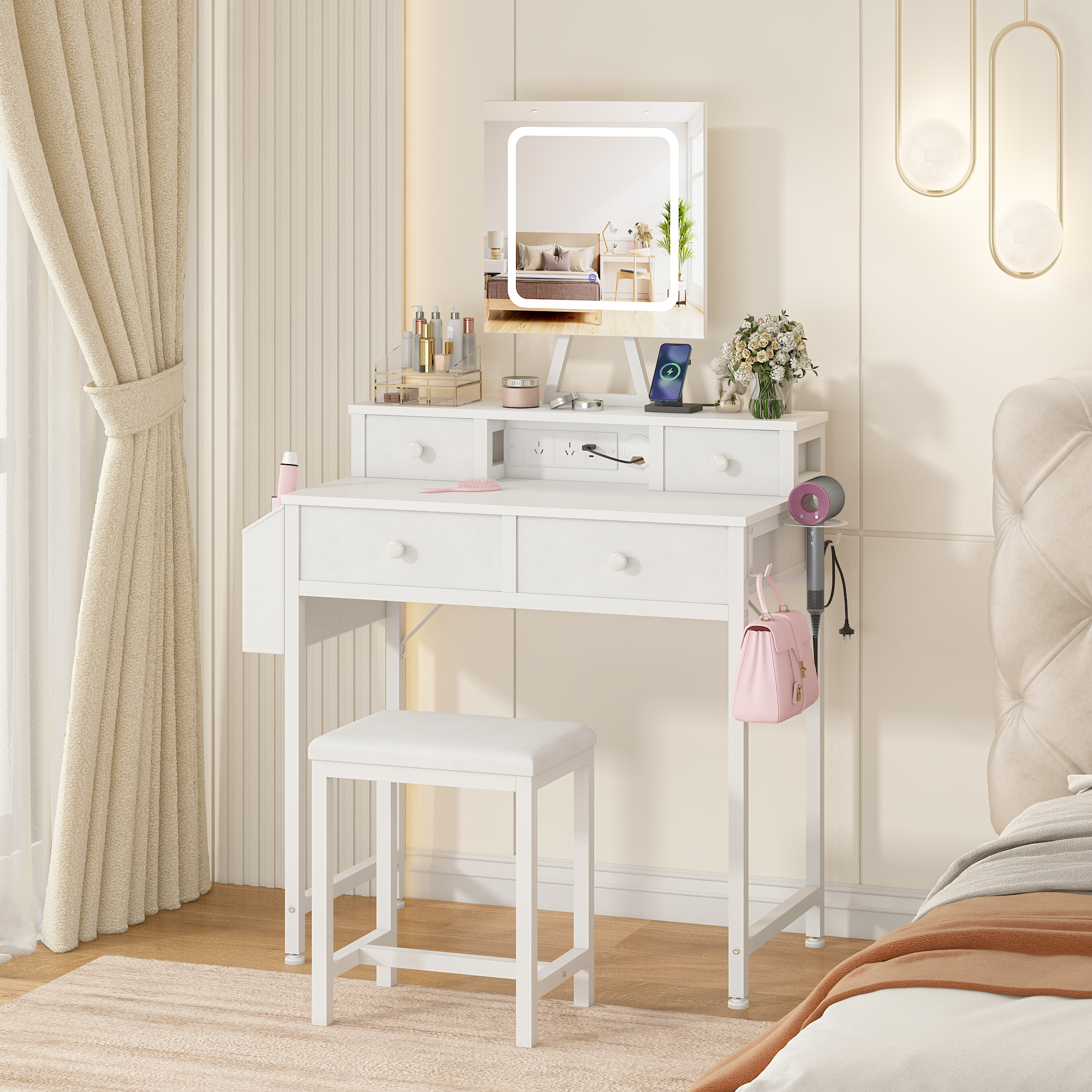 TEMU Advwin White Makeup Vanity Desk With 4 Drawers And Side Fabric Pocket, Dressing Table Set With Chair, Power Outlet And 3-color Led Mirror, Small