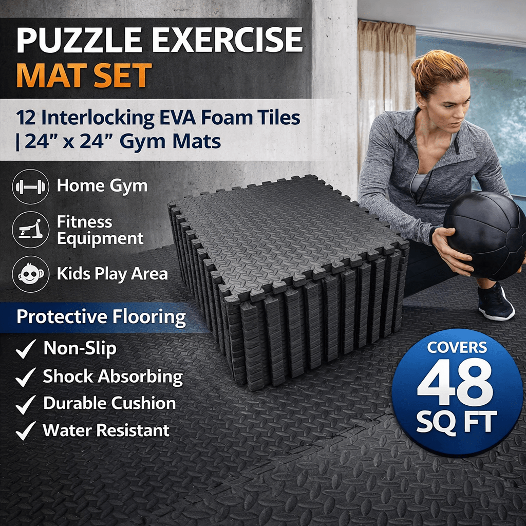 TEMU Puzzle Exercise Mat Set – 12 Interlocking Eva Foam Floor Tiles | 24" X 24" Gym Mats | Protective Flooring For Home Gym, Fitness Equipment & Kids