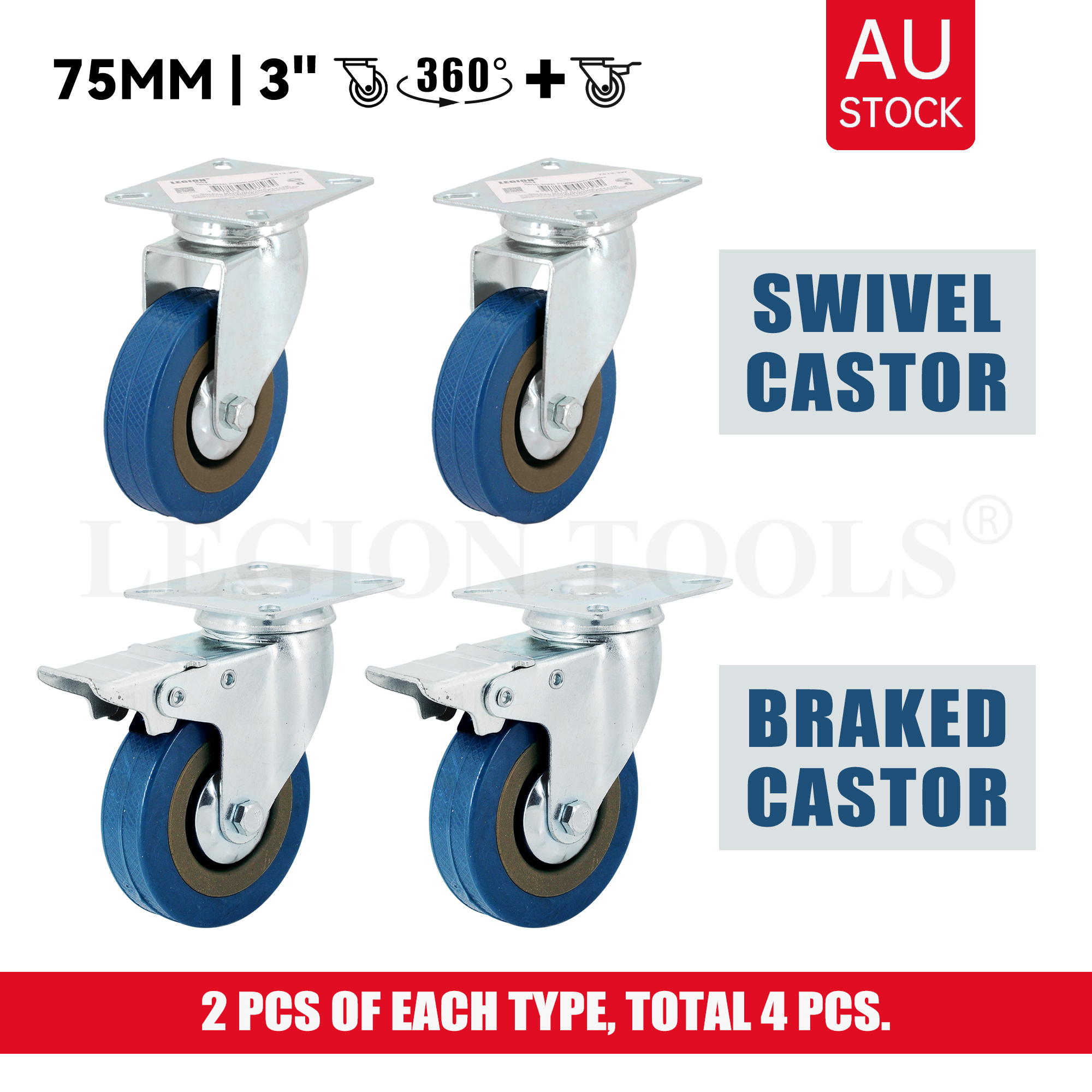 TEMU 3inch 75mm Heavy Duty Grey Pvc Castor Wheel Set – 4 Pcs Combo, Fixed + Swivel / Brake Options | 80kg [t813 Range]