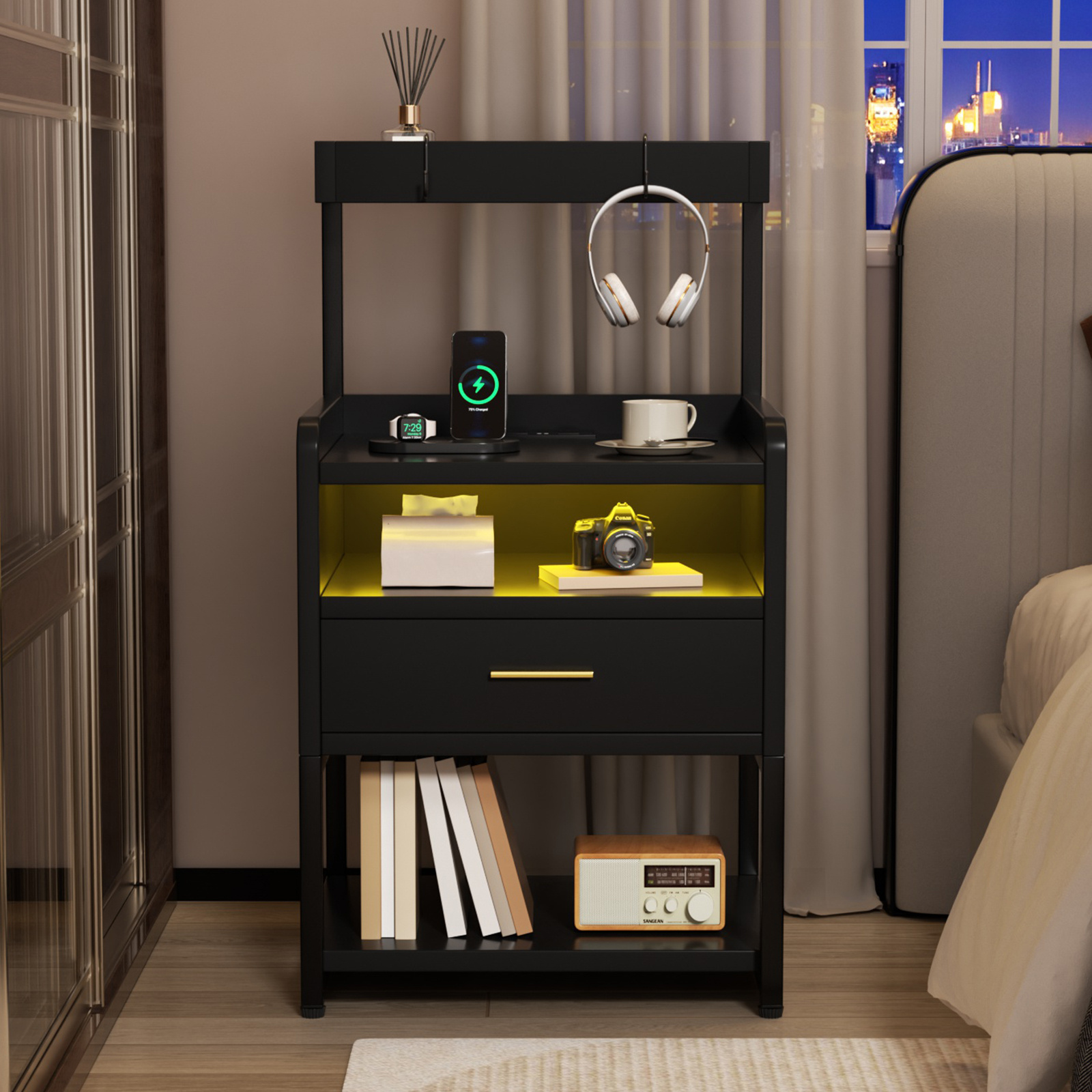 TEMU Advwin Side Table With Charging Station And Led Lights, Modern Bedside Table With Drawer, Top Storage , Open Shelves, And Hanging Hooks For