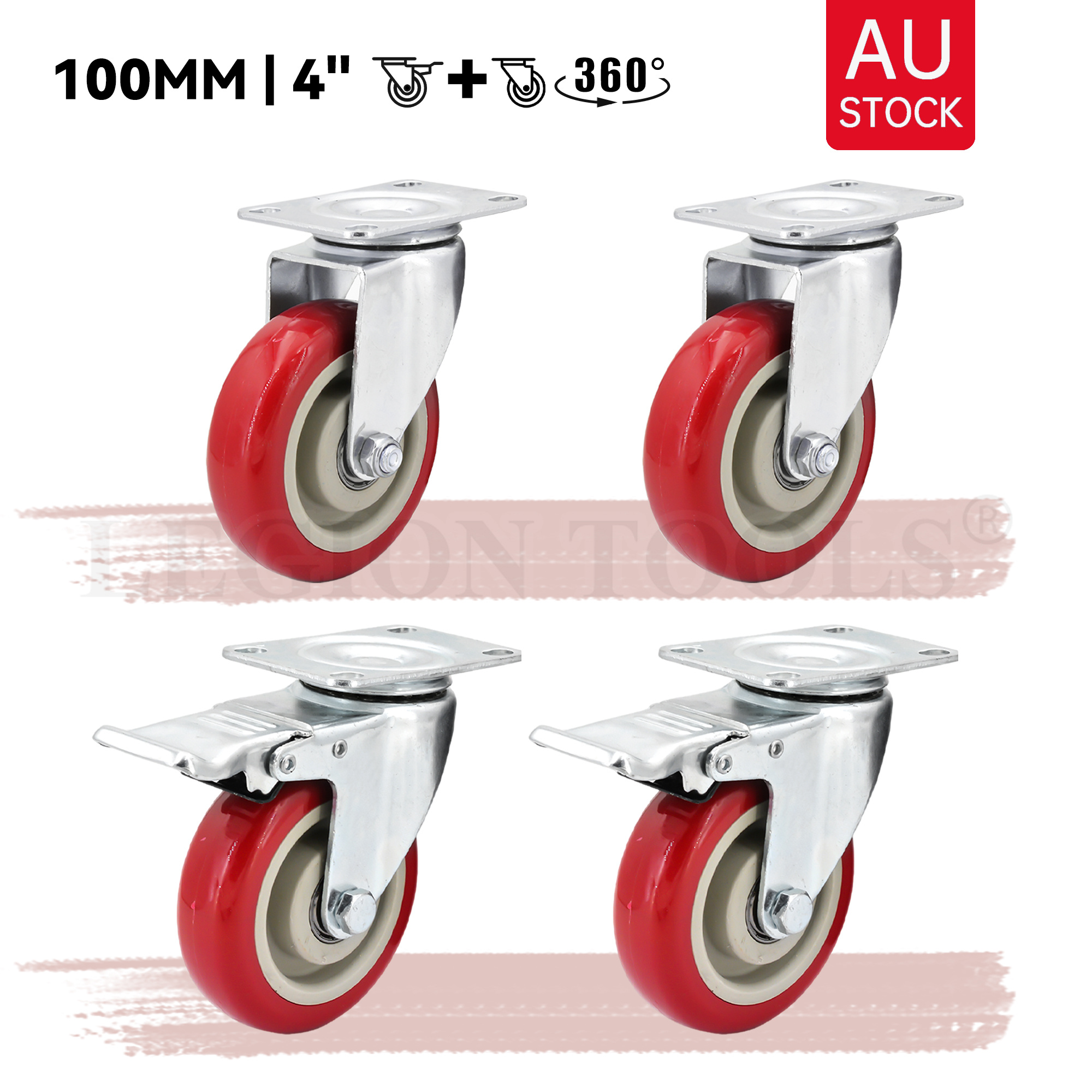 TEMU 4" 100mm Heavy Duty Red Pvc Castor Wheels Swivel & Brake | 100kg [t8144+t8145]