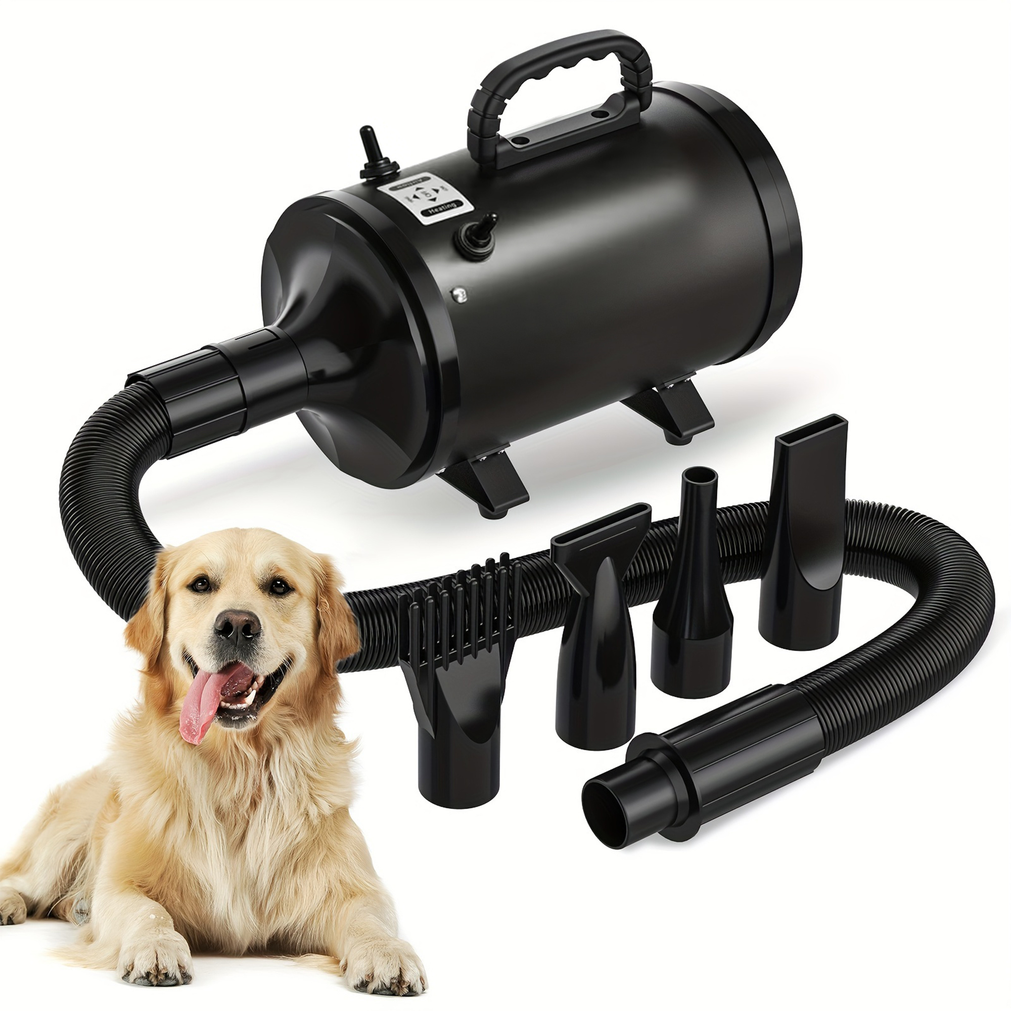 TEMU Dog Dryer, Pet Grooming Dryer With Adjustable Speed Pet Dryer, Hair Blower Heater With 4 Nozzles - Black/yellow