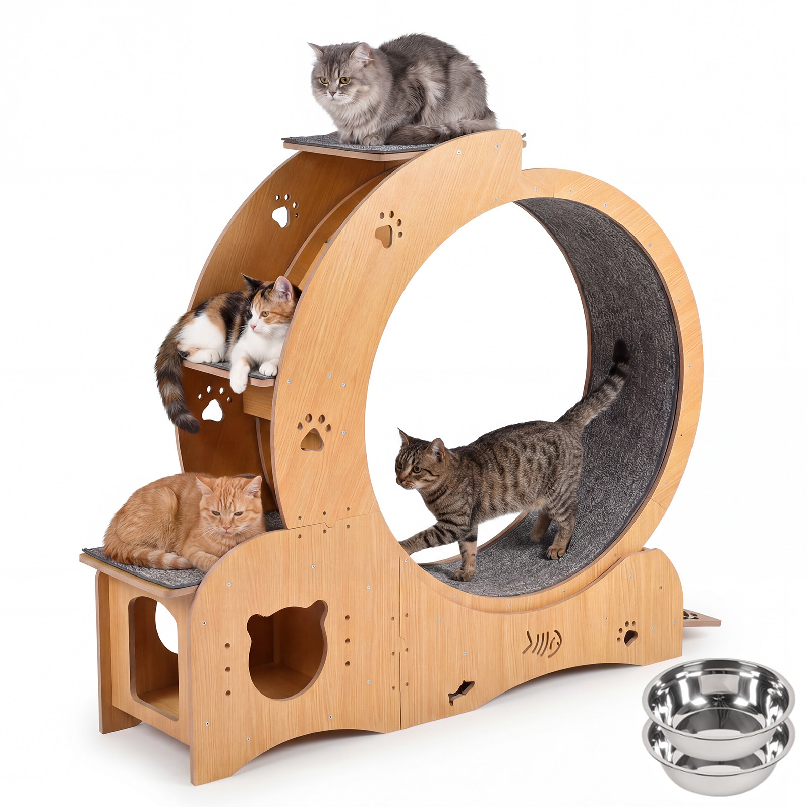 Advwin Multifunctional Cat Treadmill Wheel with House, Wet-Dry Bowl, Playhouse & Shelf – Silent, Sturdy Indoor Exercise for Cats - Image 2