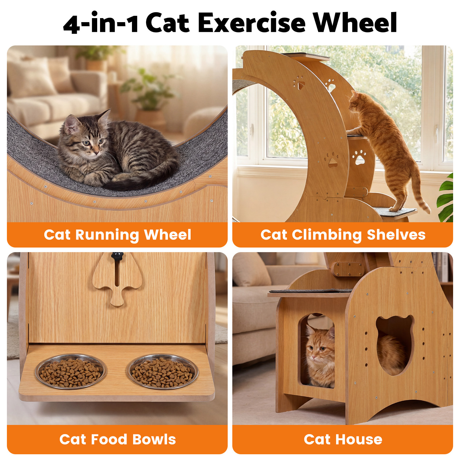 Advwin Multifunctional Cat Treadmill Wheel with House, Wet-Dry Bowl, Playhouse & Shelf – Silent, Sturdy Indoor Exercise for Cats - Image 3