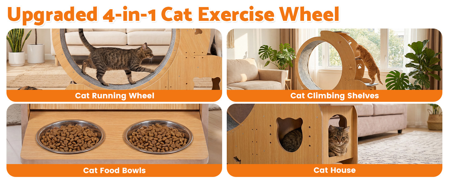 Advwin Multifunctional Cat Treadmill Wheel with House, Wet-Dry Bowl, Playhouse & Shelf – Silent, Sturdy Indoor Exercise for Cats
