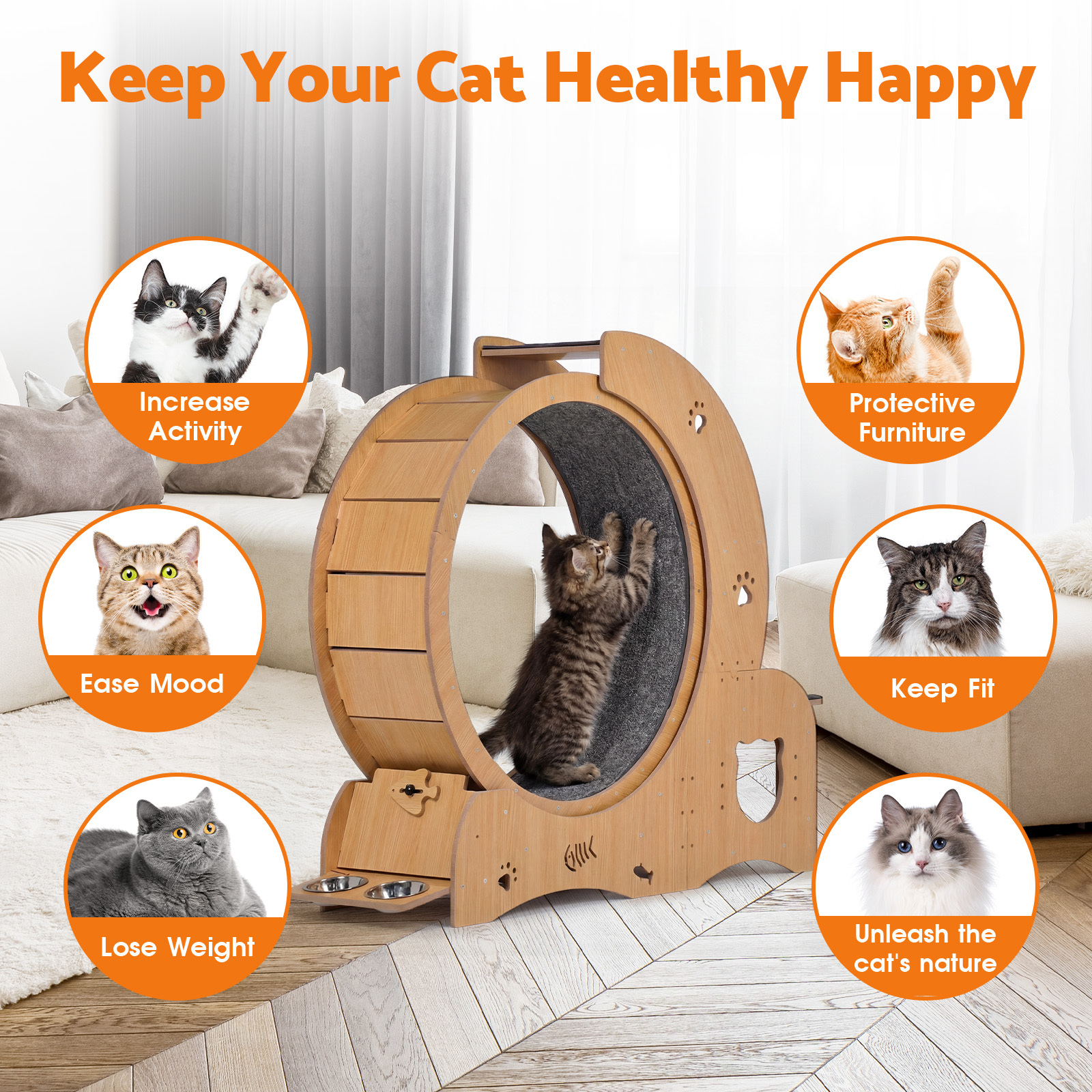 Advwin Multifunctional Cat Treadmill Wheel with House, Wet-Dry Bowl, Playhouse & Shelf – Silent, Sturdy Indoor Exercise for Cats