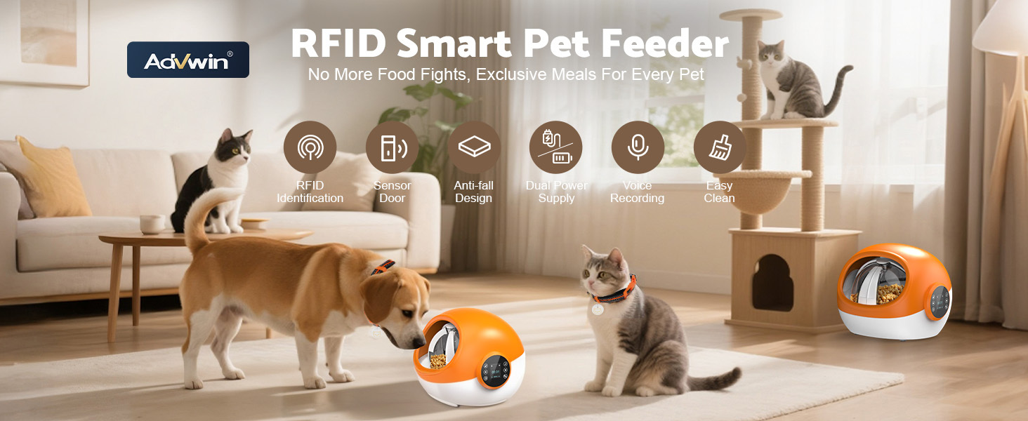 Advwin 2pcs Automatic RFID Cat Feeder With Collar Microchip Identification, Multi-Cat Compatible + 4 Feeding Modes, Supports Wet & Dry Food And Voice Recording