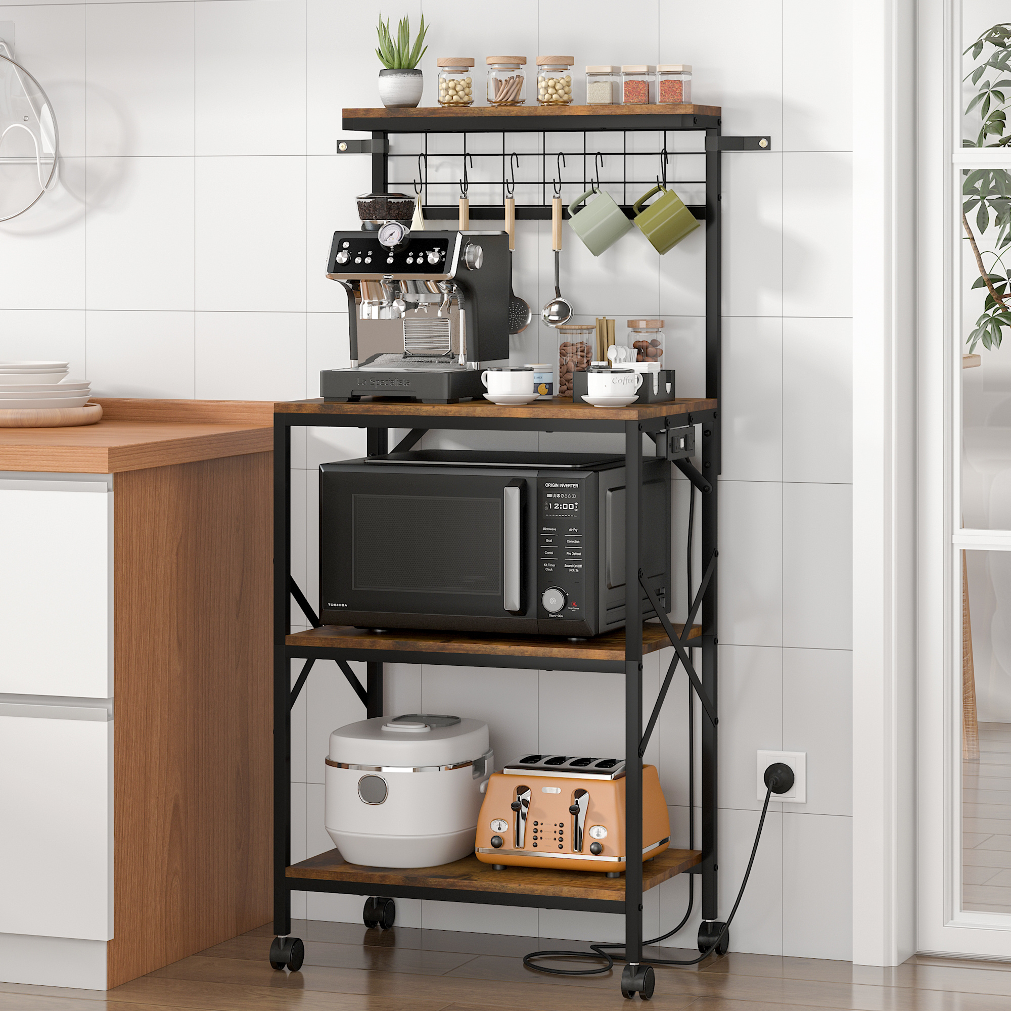 TEMU Advwin Kitchen Bakers Rack Power Outlet With/ Without Led Light, 4 Tiers Microwave Stand With Universal Wheels, Coffee Bar Table With 6 S Hooks,
