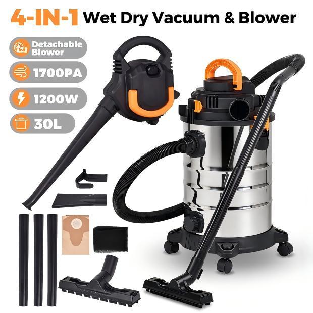TEMU Advwin Wet Dry Vacuum Cleaner With , 30l 17kpa Industrial Dust Extractor With Stainless Steel Drum, Wide Floor & Crevice Nozzle, Foam Filter,