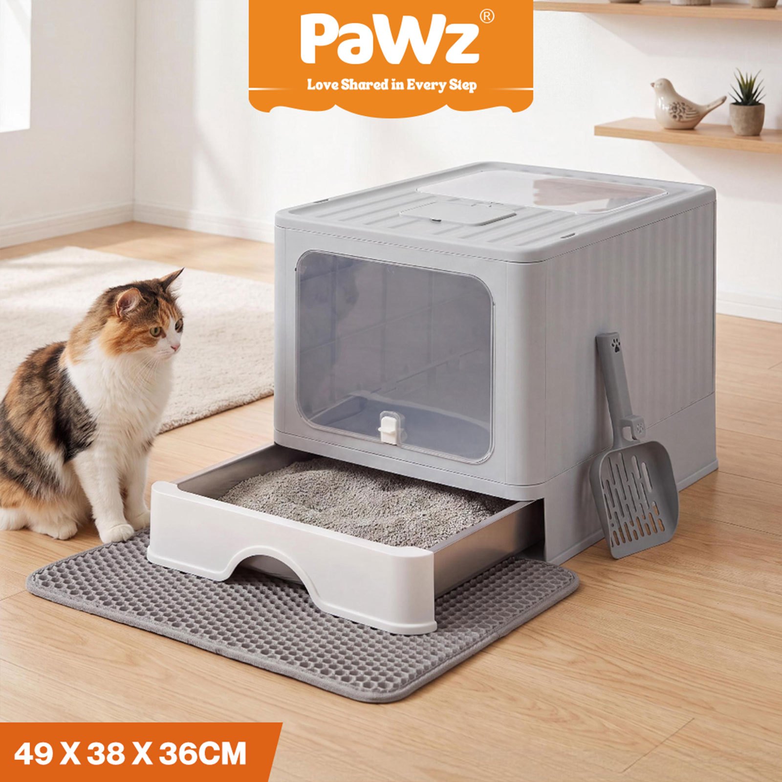 TEMU Pawz Cat Litter Box Stainless Steel, Enclosed Drawer Control Foldable, Grey