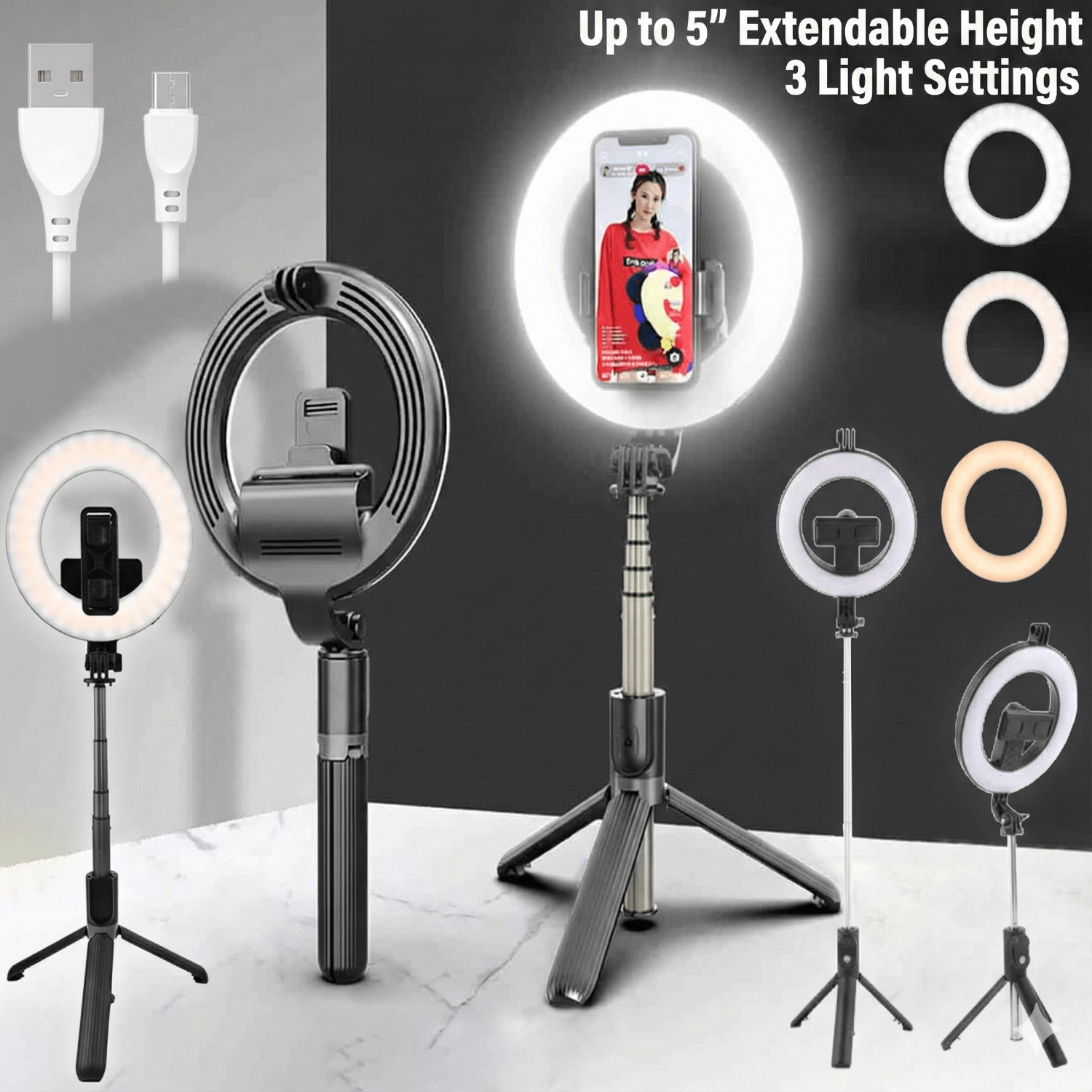 TEMU 4 In 1 Ring Led Degree Rotating Phone Selfie Live Camera Video Foldable Tripod Stand Selfie Stick Handheld Extendable Height