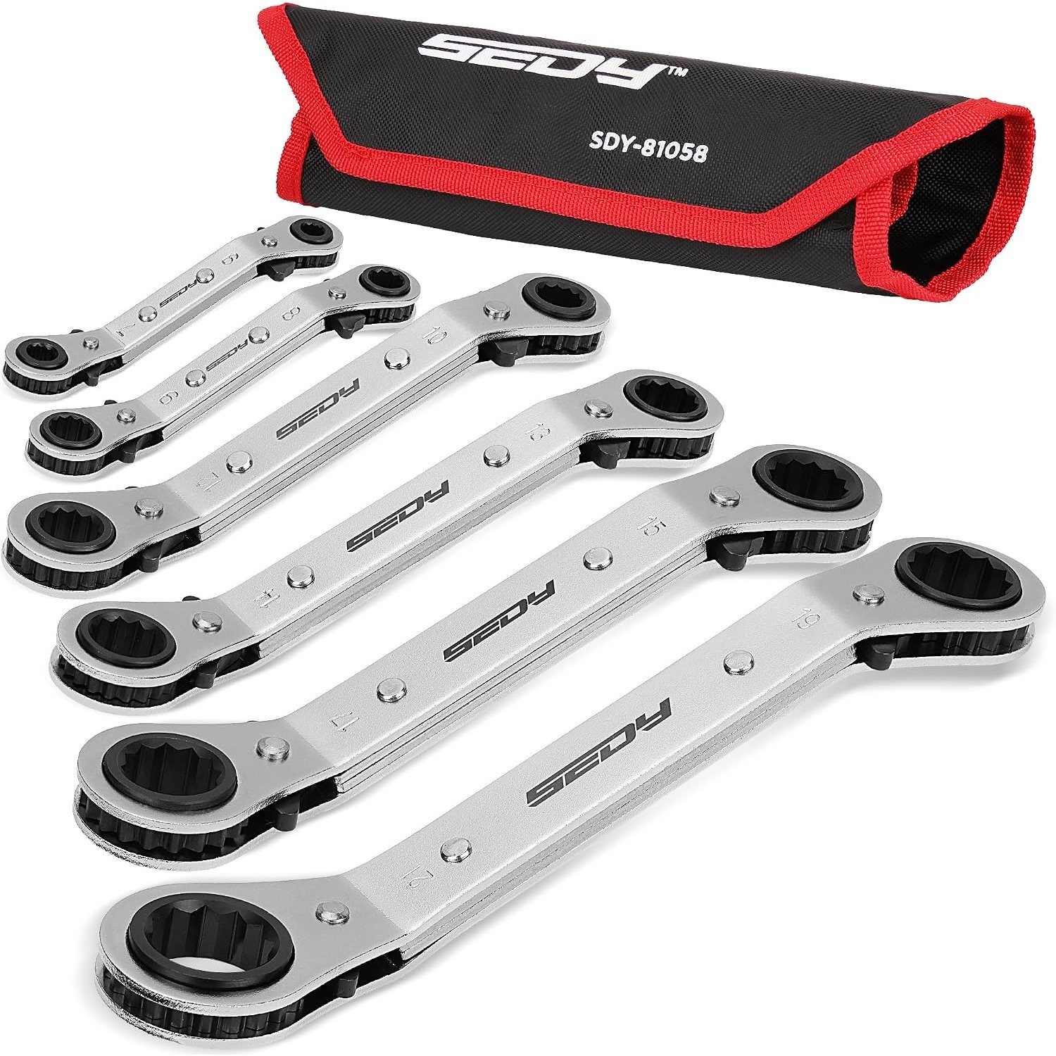TEMU Sedy 6pcs Metric Ratchet Box Spanner Set - 6-21mm Offset Ratcheting Head Spanners Reversible Double End Tool Adjustable Direction Box End Stubby