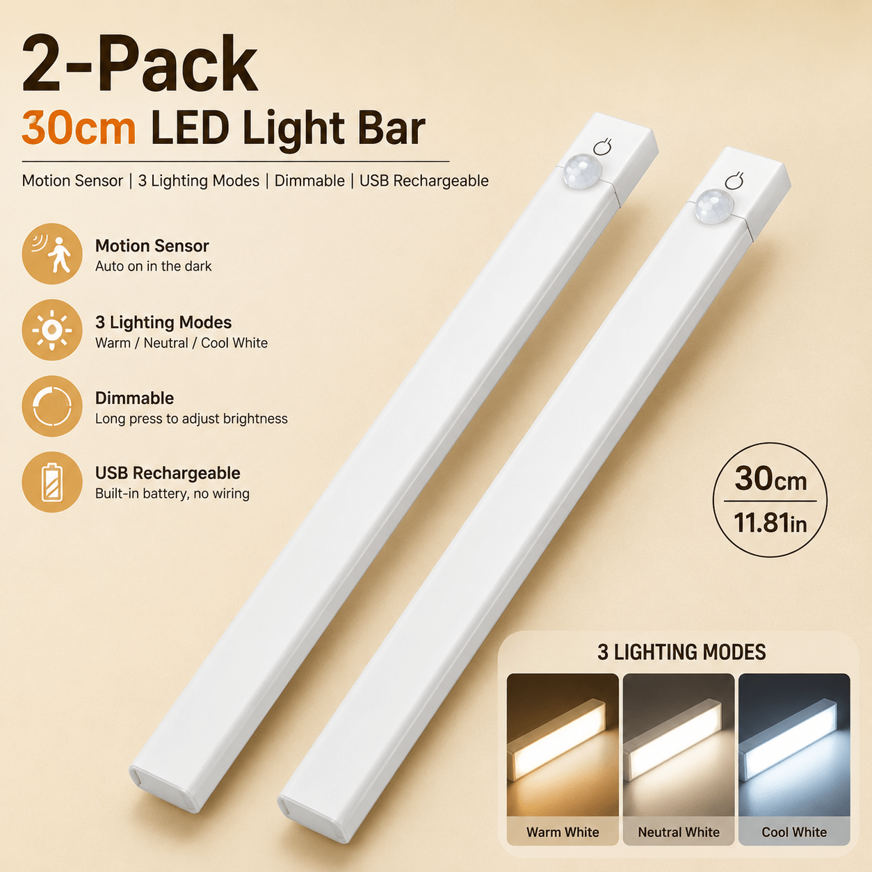 TEMU 2-piece 30cm Wireless Led Cabinet Lighting, Motion-activated Rechargeable Lights With Magnetic Mount, Dimmable 3-tone Lighting For Wardrobe &