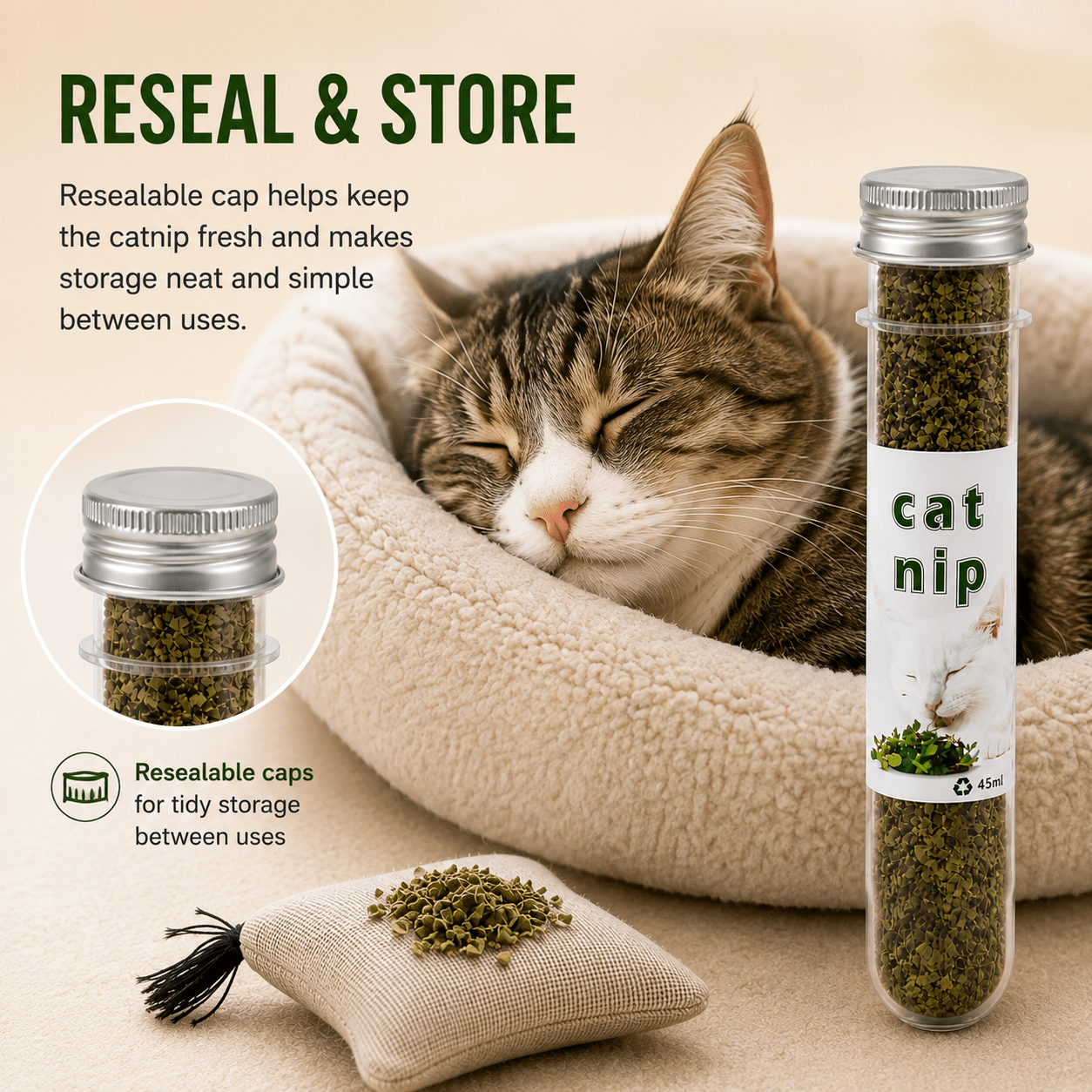 Dried Catnip Leaves in Resealable Tubes for Cat Toys, Scratchers & Play Areas