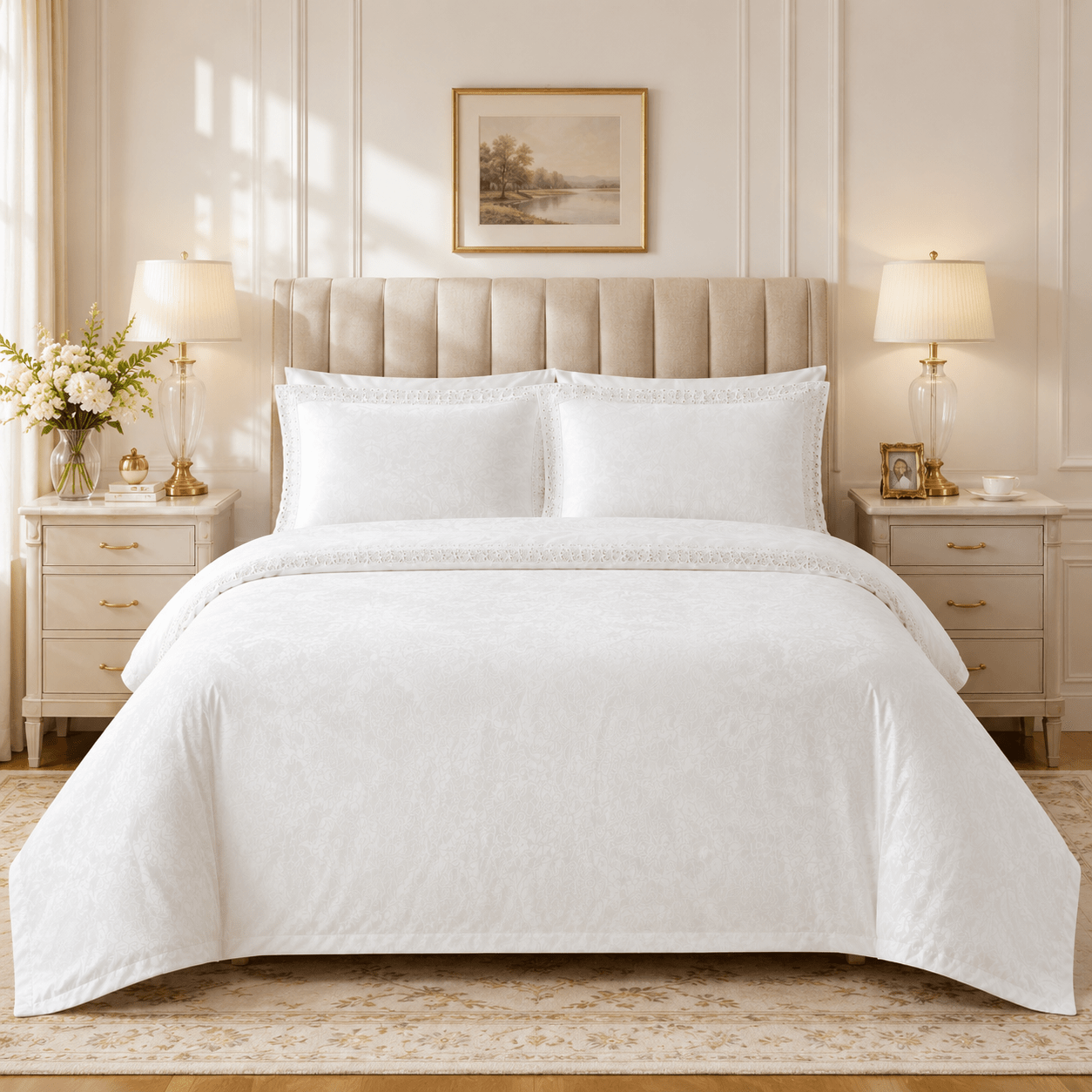 TEMU Royal Quilt Cover Set, White Damask Bedding Set, Elegant Embroidered Lace Border, Soft Comfortable Bedding, Machine Washable