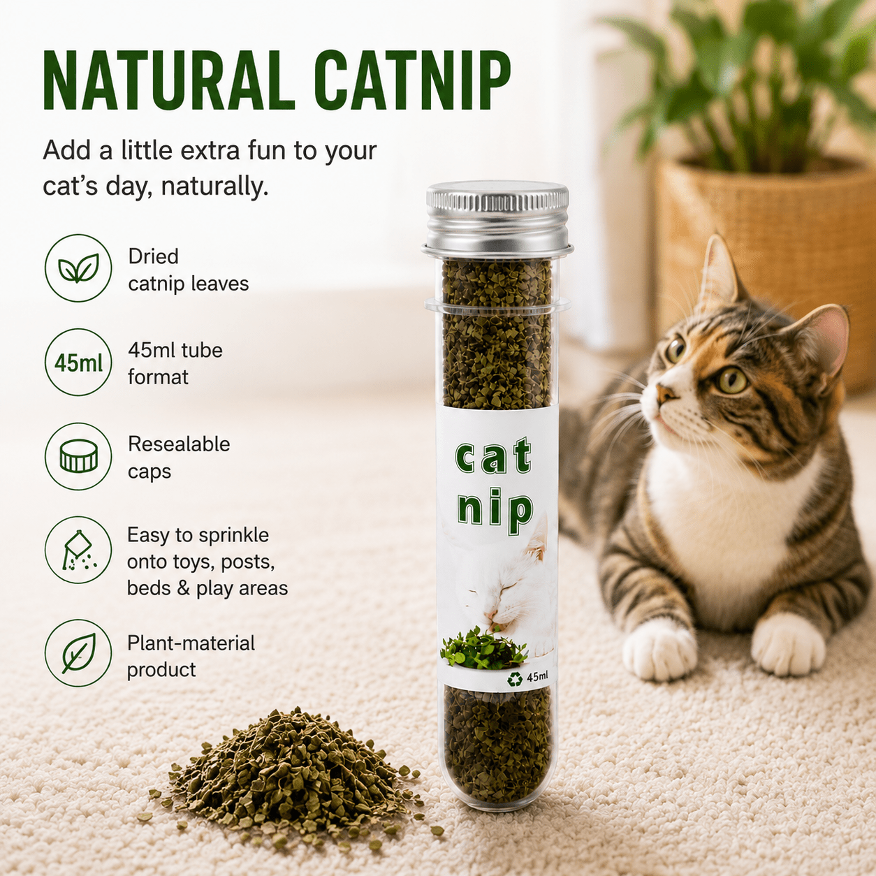 Dried Catnip Leaves in Resealable Tubes for Cat Toys, Scratchers & Play Areas