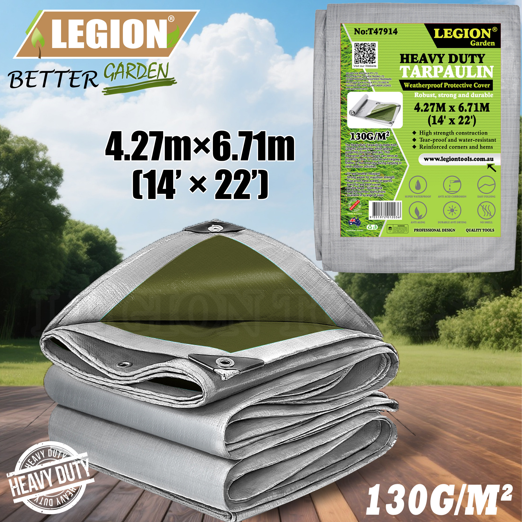TEMU 1pc Waterproof Polyester Tarpaulin, 130gsm, Silver/green, Heavy Duty Outdoor, Double-coated Pe & Polyester Fabric, Uv Protection, Reinforced