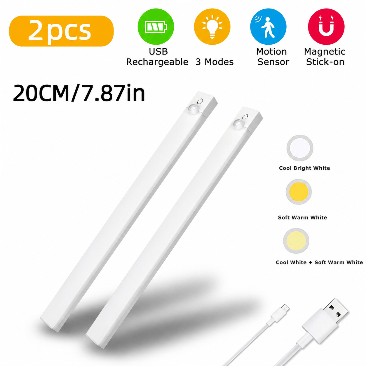 TEMU 2 Pack 20cm Led Under Cabinet Lights With Motion Sensor, Usb Rechargeable Closet Lights, 3 Color Warm White Neutral White, Dimmable Magnetic