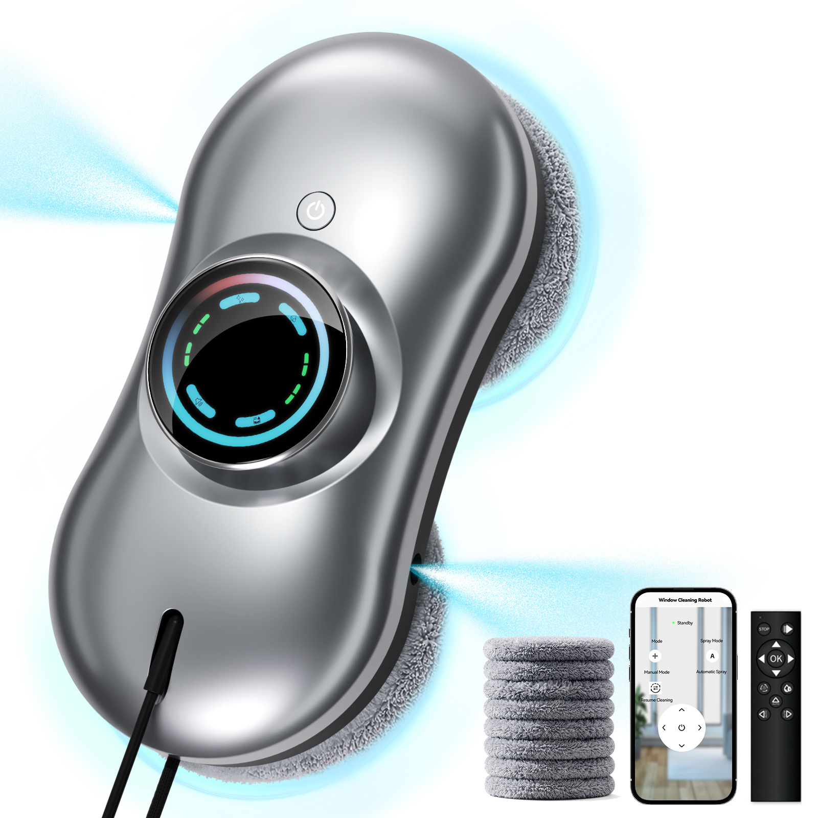 TEMU Window Cleaning Robot, Automatic Glass Cleaner With Edge Detection, Dual Water Spray, Safety Rope & Backup Battery, Bluetooth App & Remote
